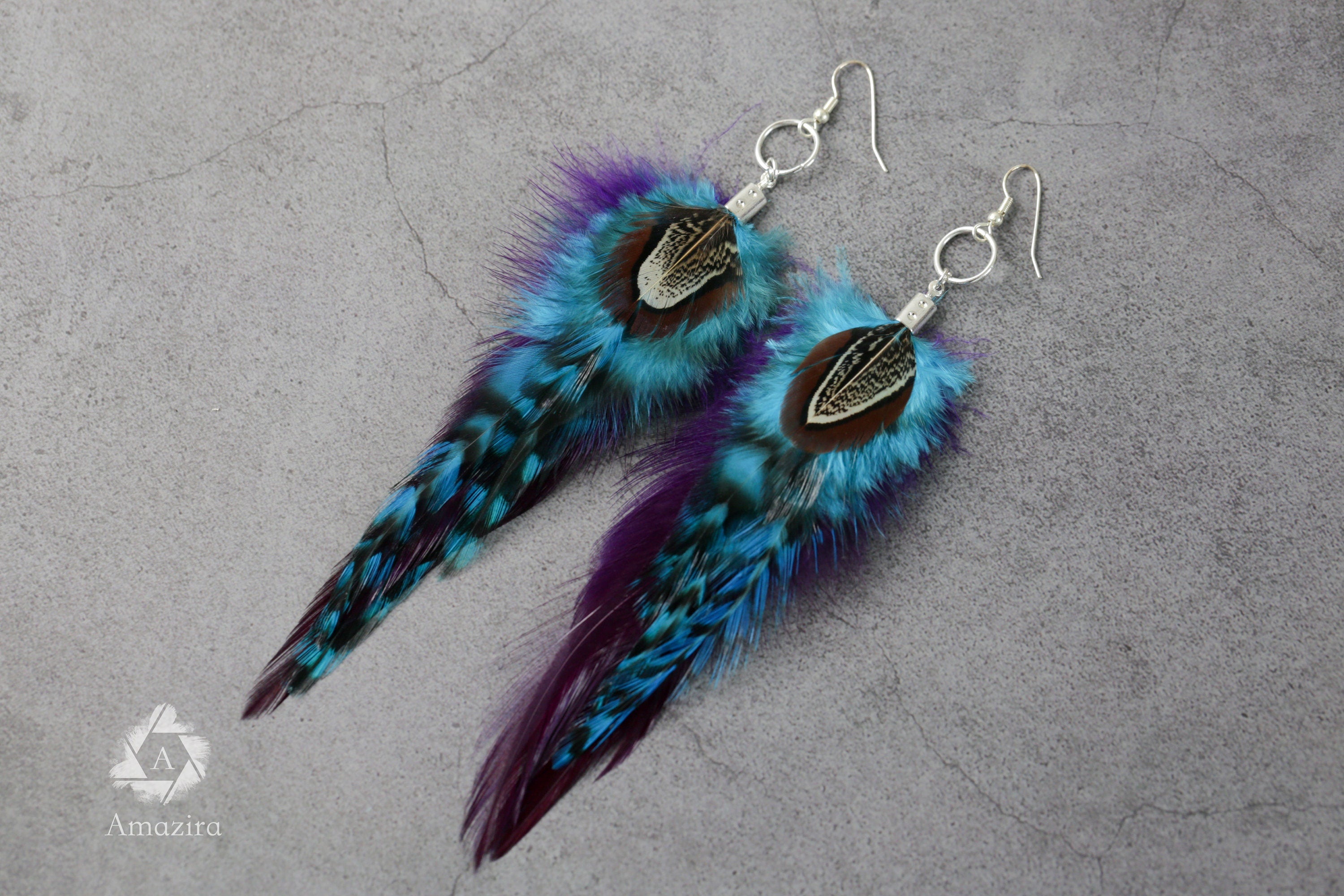 Blue and purple stripped fluffy feather earrings