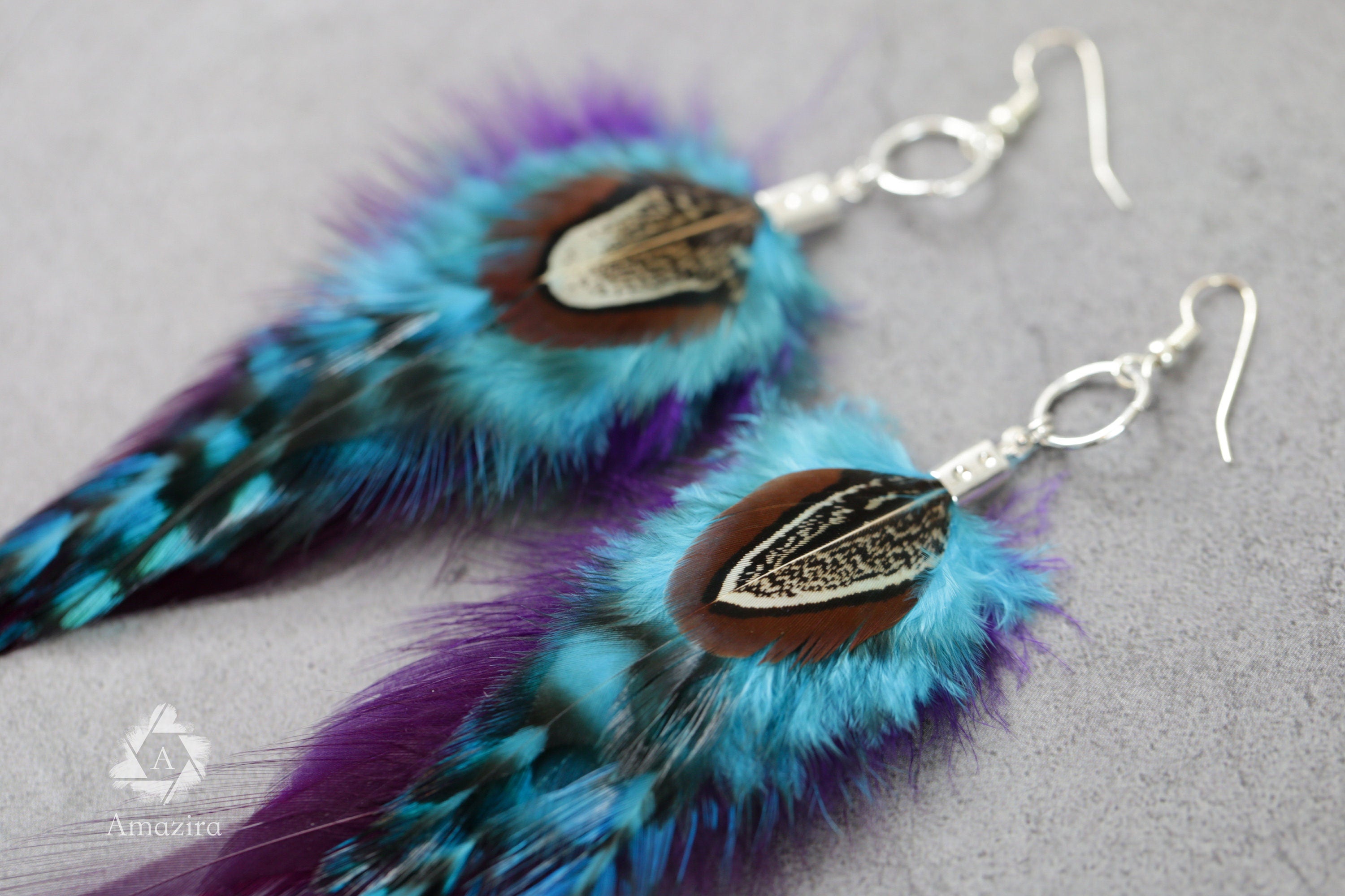 Blue and purple stripped fluffy feather earrings