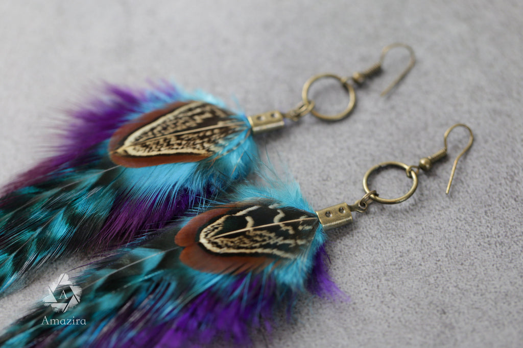 Blue and purple stripped fluffy feather earrings