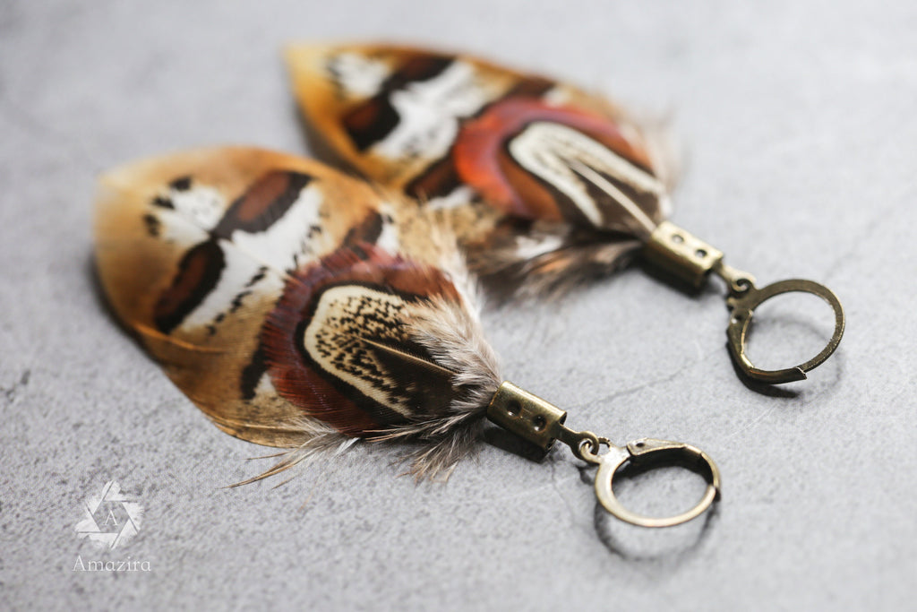 Mini stripped handmade feather earrings