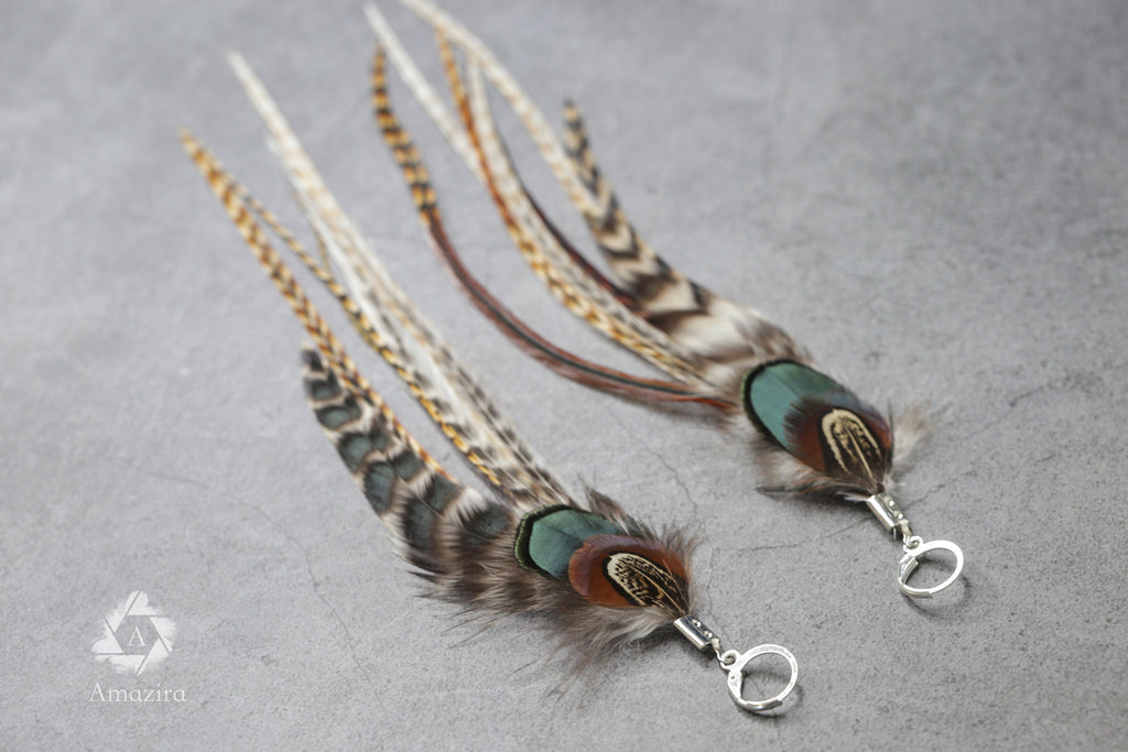Natural Long Feather Earrings, Rooster Grizzly feathers, Bohemian hippie chic unique statement earrings, best friend gifts, gift for her mom