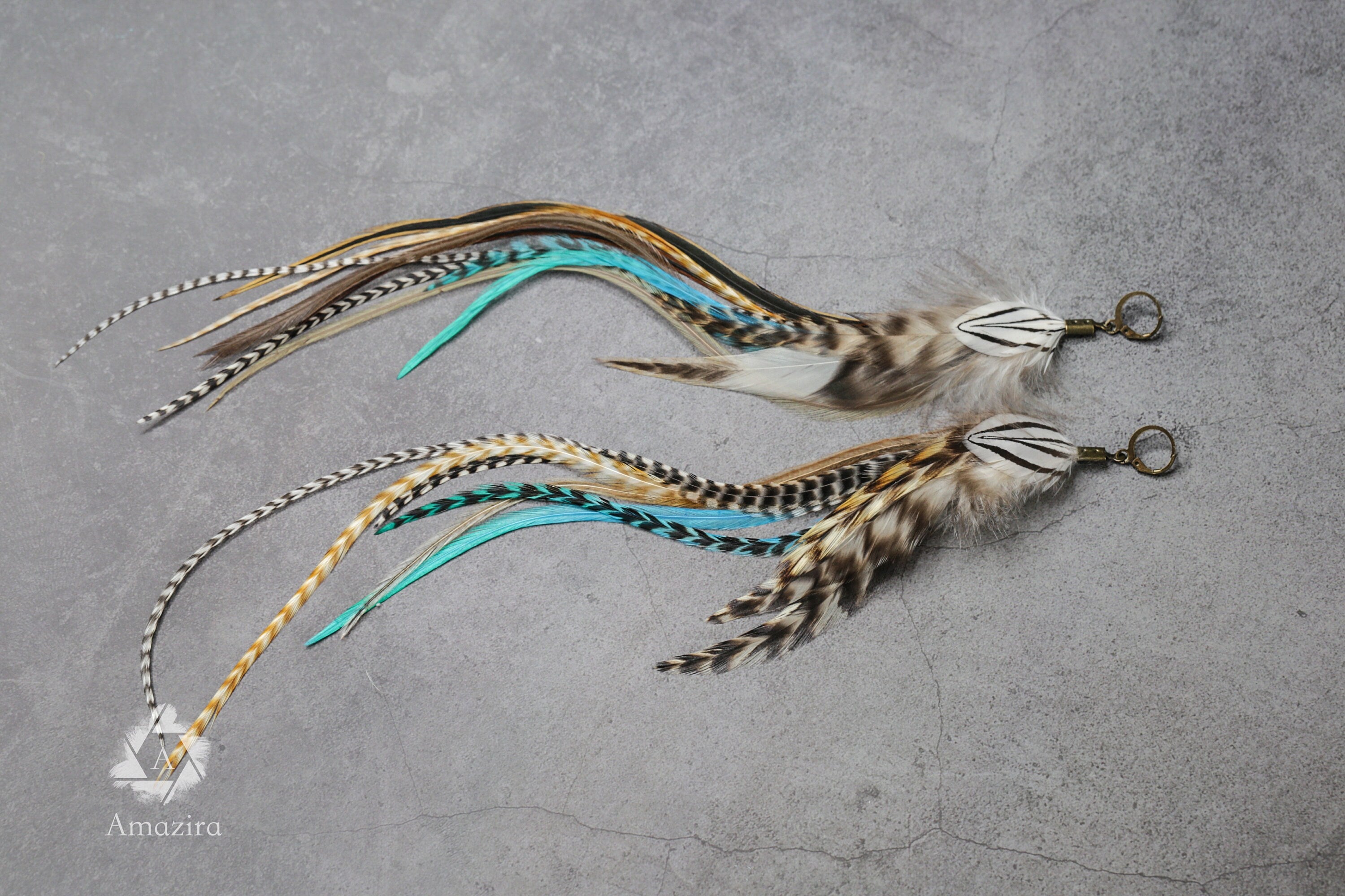 Extra long Turquoise Feather Earring, Striped grizzly tribal earring, Hippie Boho Blue & brown Statement earring, Gift for her, drop earring