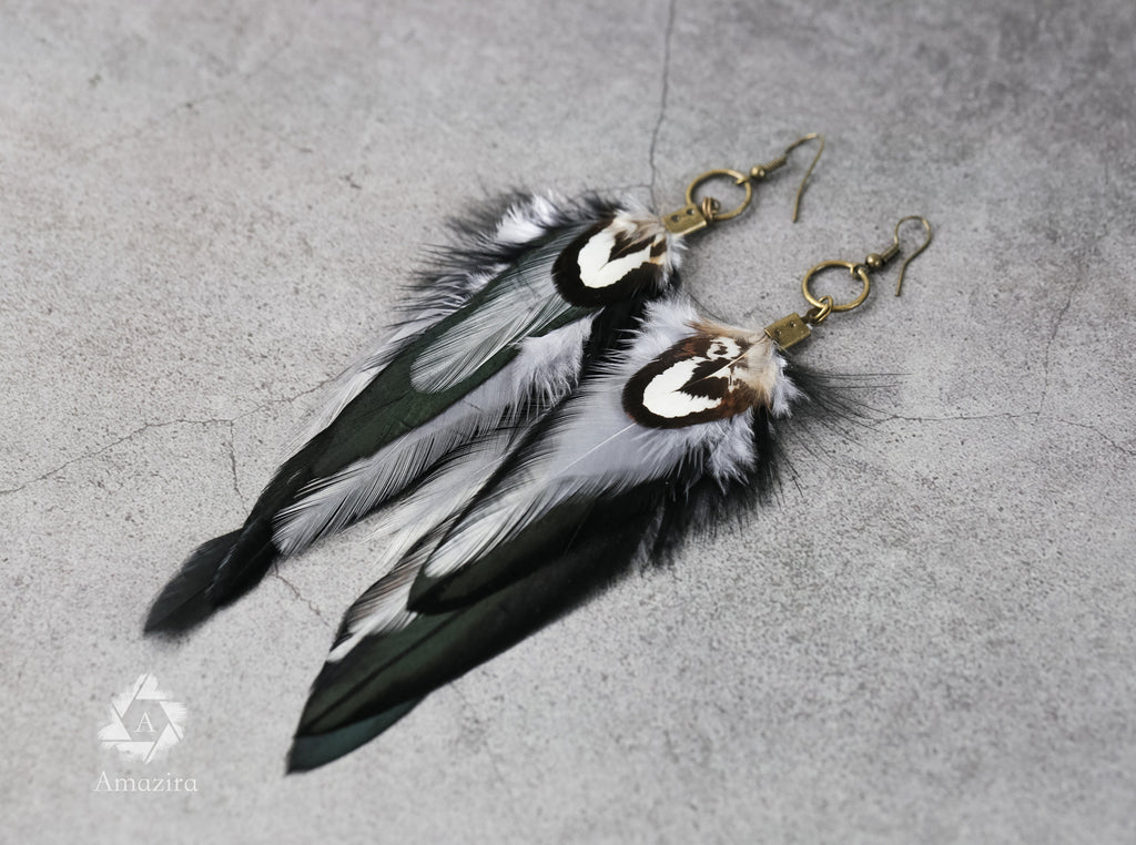 Black and grey long feather earrings, Handmade Bohemian Long Tribal earrings, Cool summer cute chic earrings, Boho bi earrings