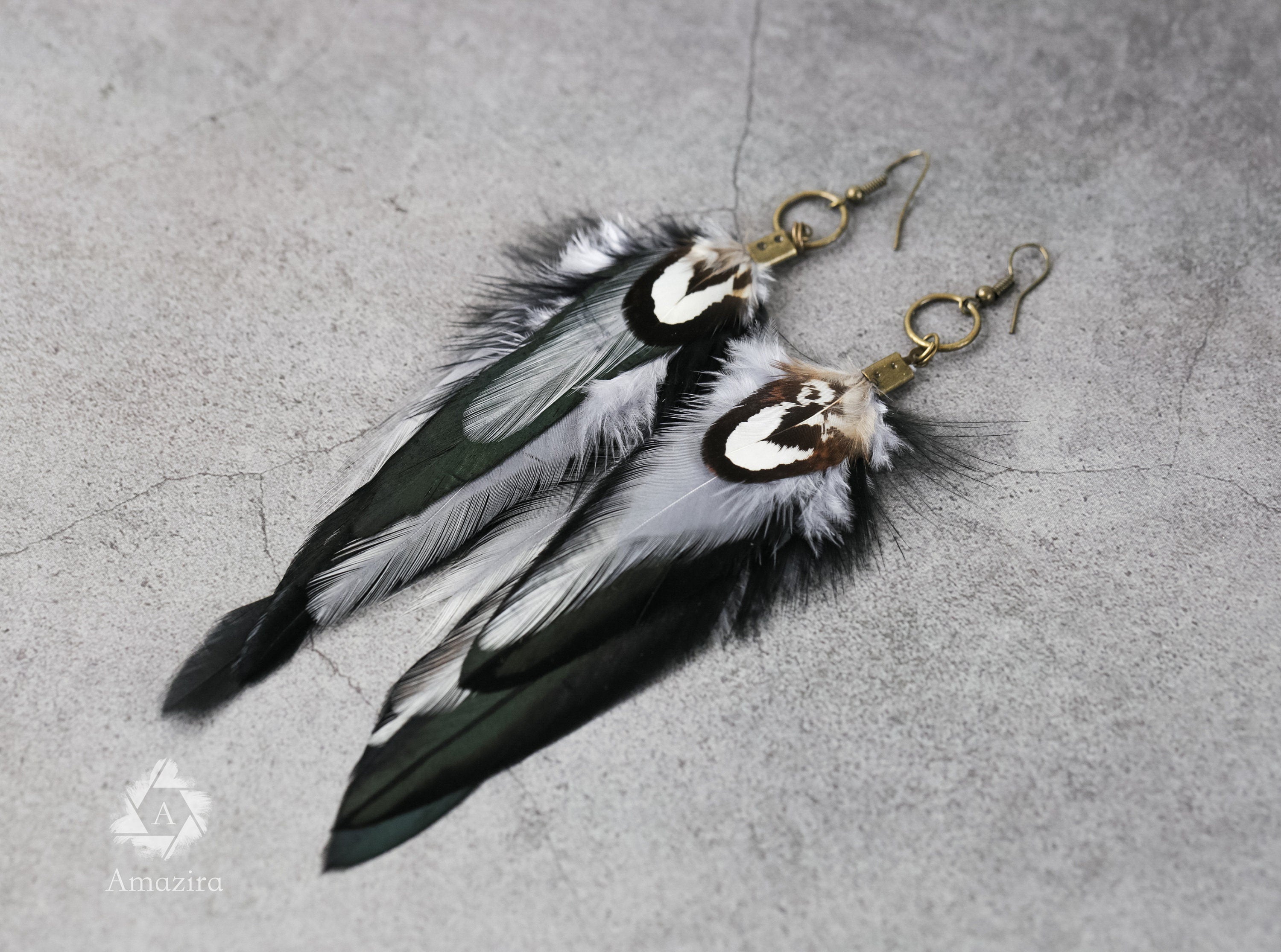 Black and grey long feather earrings, Handmade Bohemian Long Tribal earrings, Cool summer cute chic earrings, Boho bi earrings