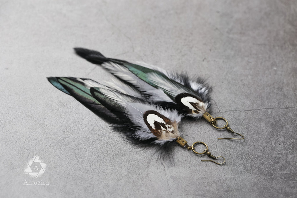Black and grey long feather earrings, Handmade Bohemian Long Tribal earrings, Cool summer cute chic earrings, Boho bi earrings