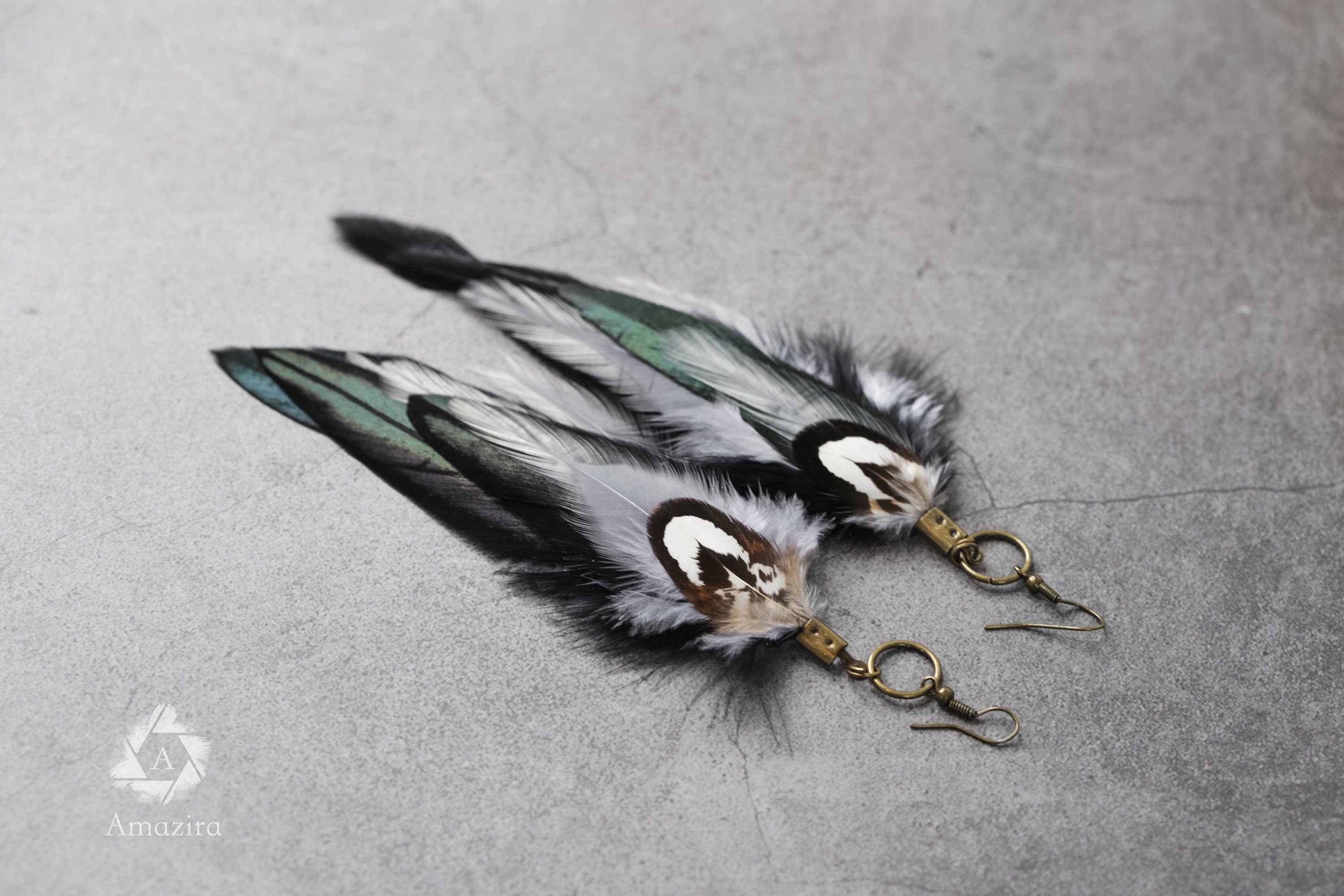 Black and grey long feather earrings, Handmade Bohemian Long Tribal earrings, Cool summer cute chic earrings, Boho bi earrings