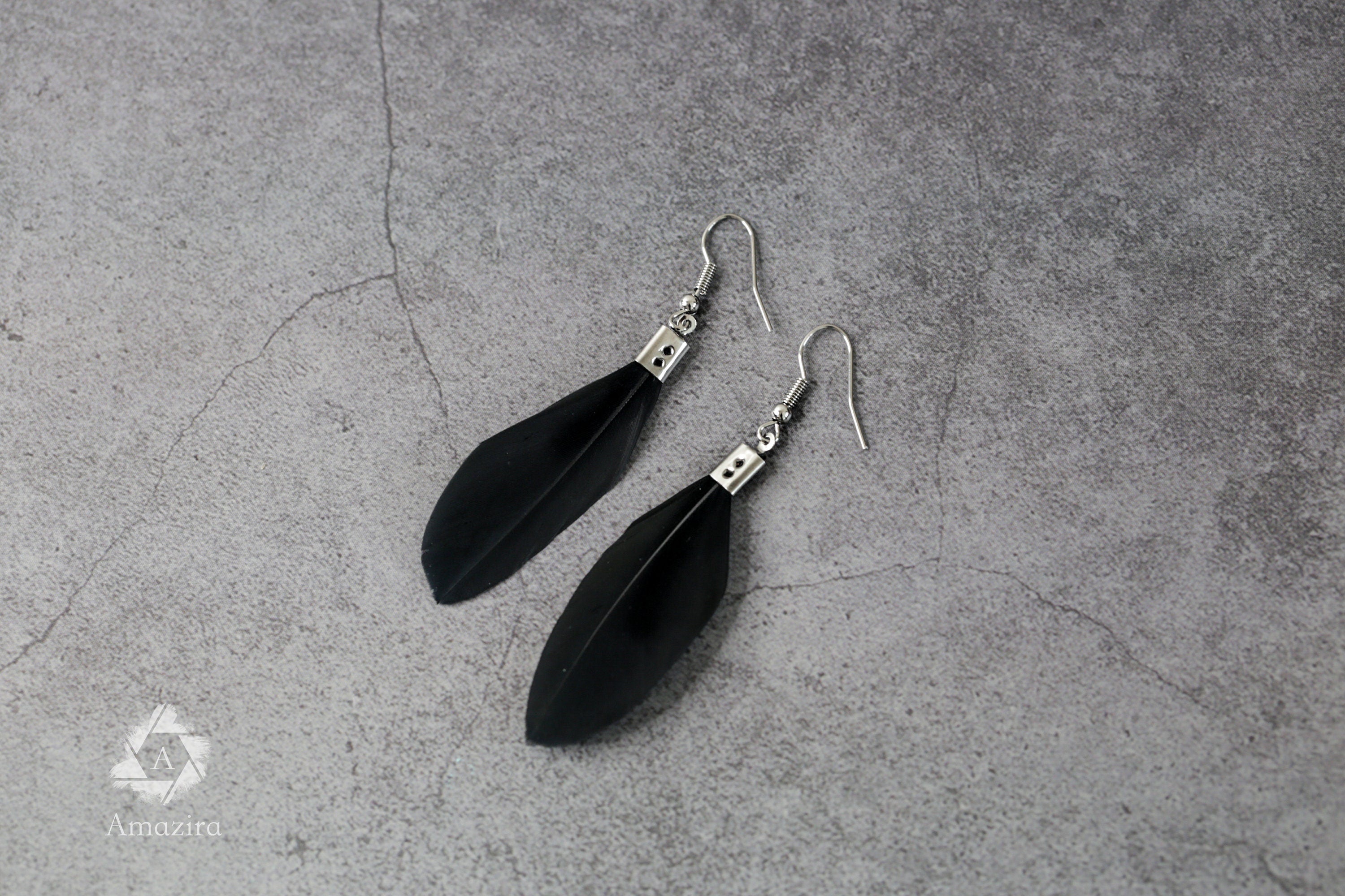 Small delicate black handmade feather earrings