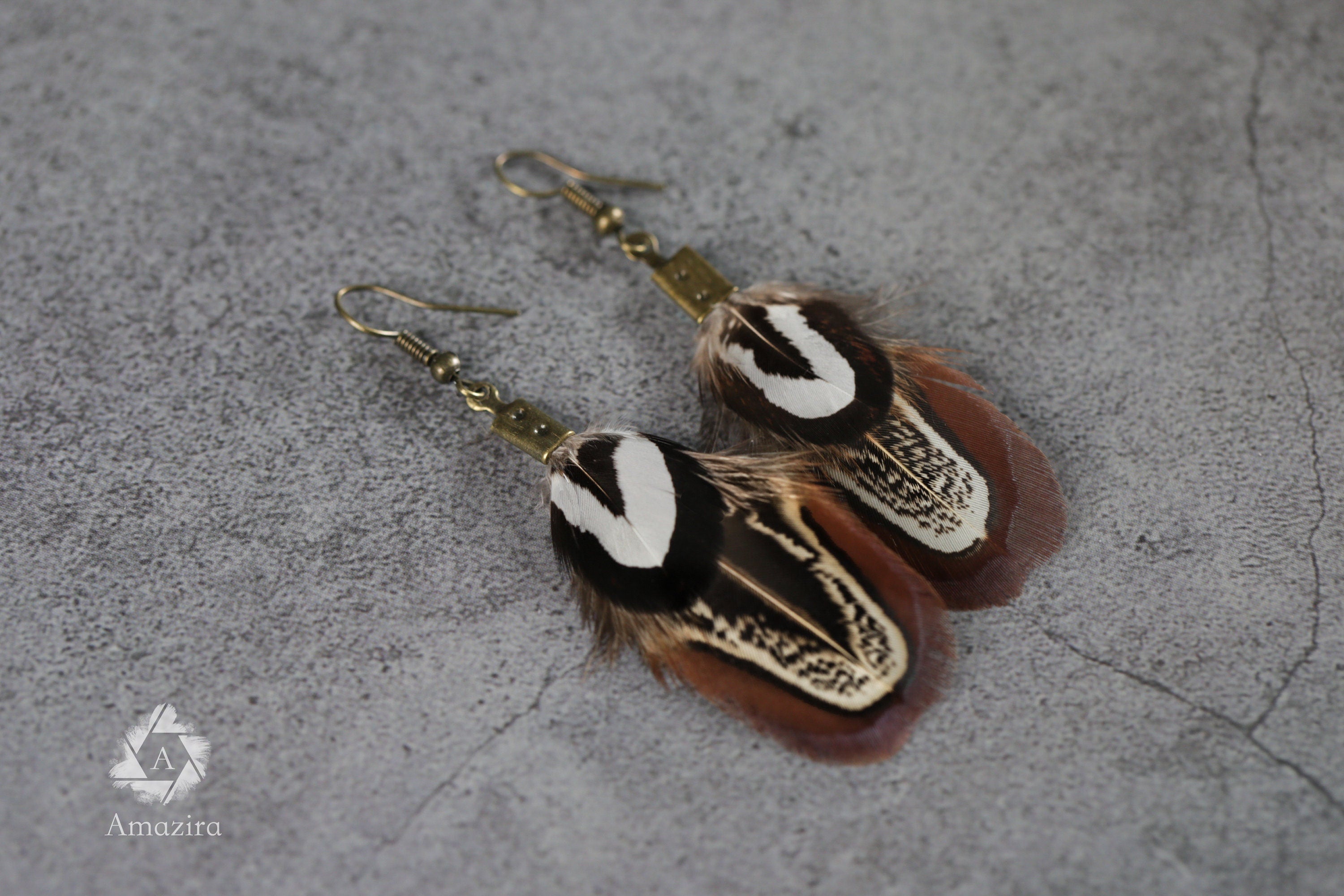 Simple black white & brown feather earrings