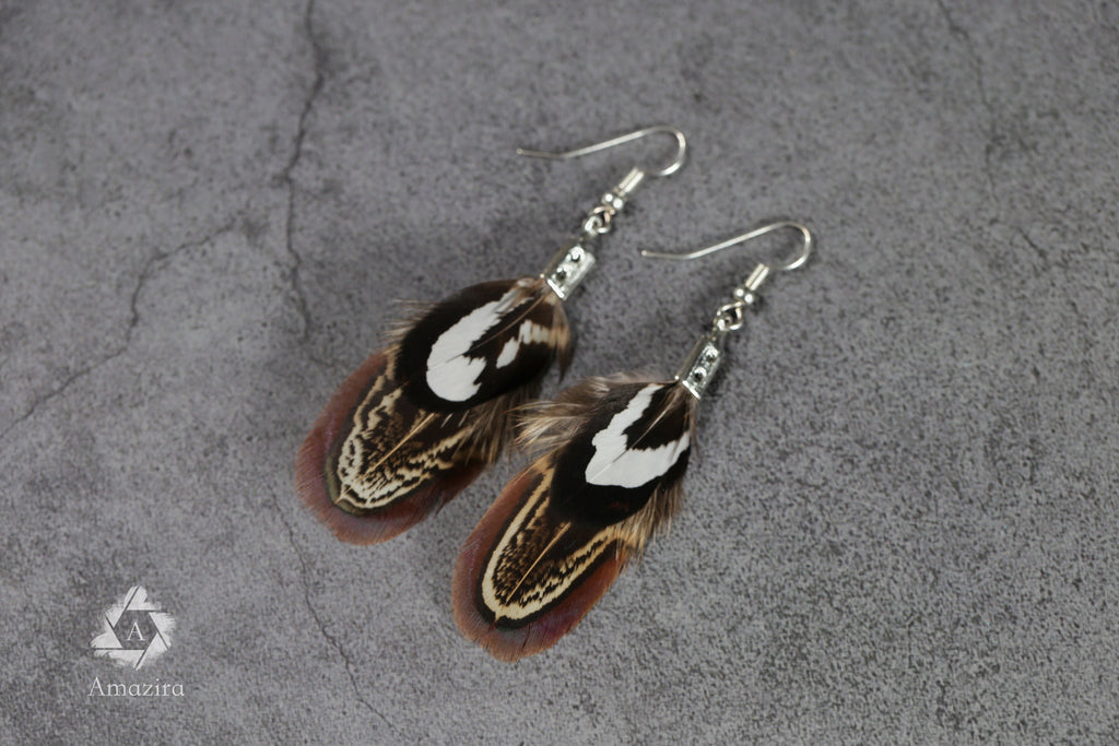 Simple black white & brown feather earrings