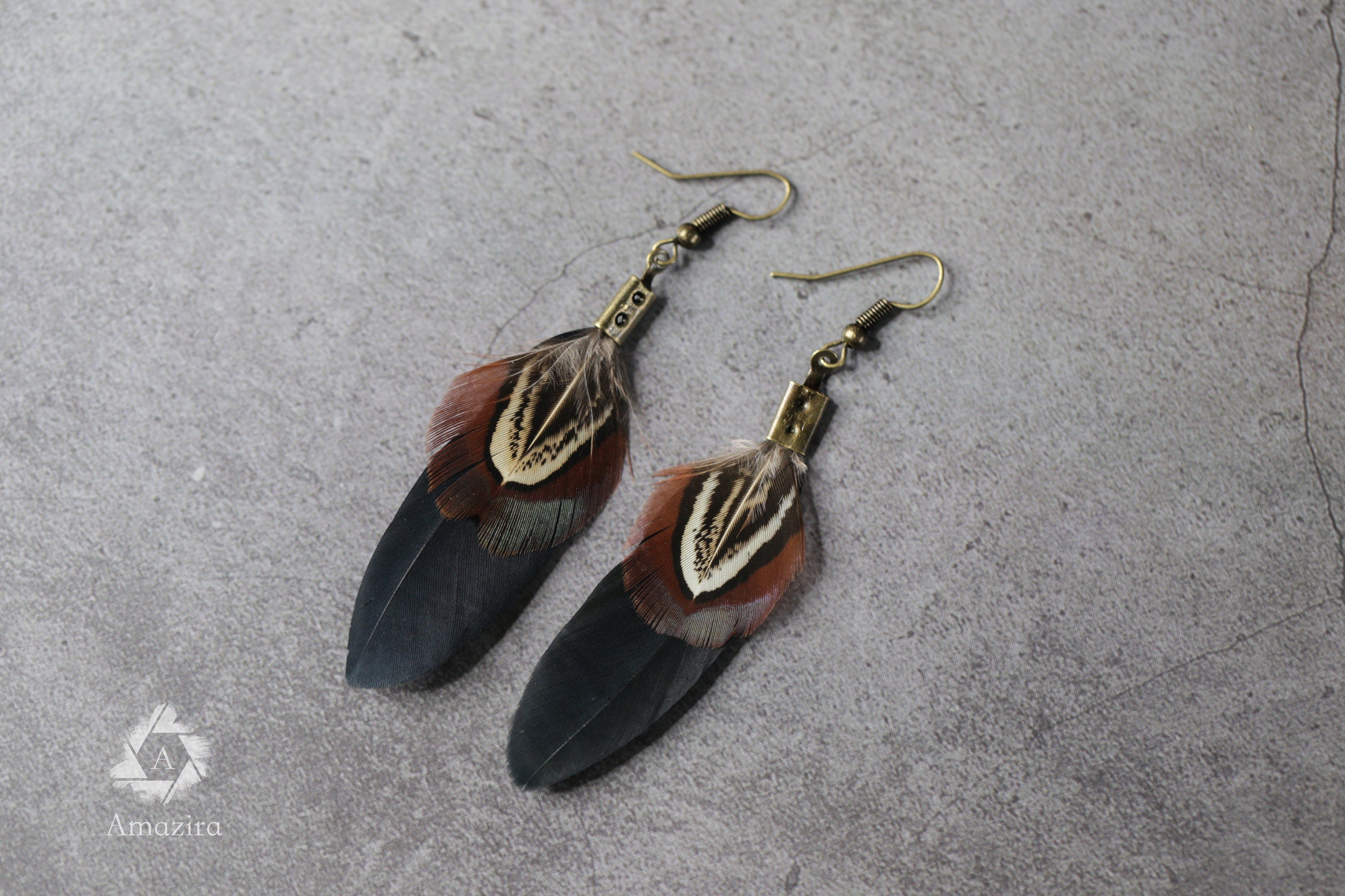 Small black & brown handmade drop feather earrings, Unique Boho chic hippie fun earrings, gift for her, natural feathers, small drop earring