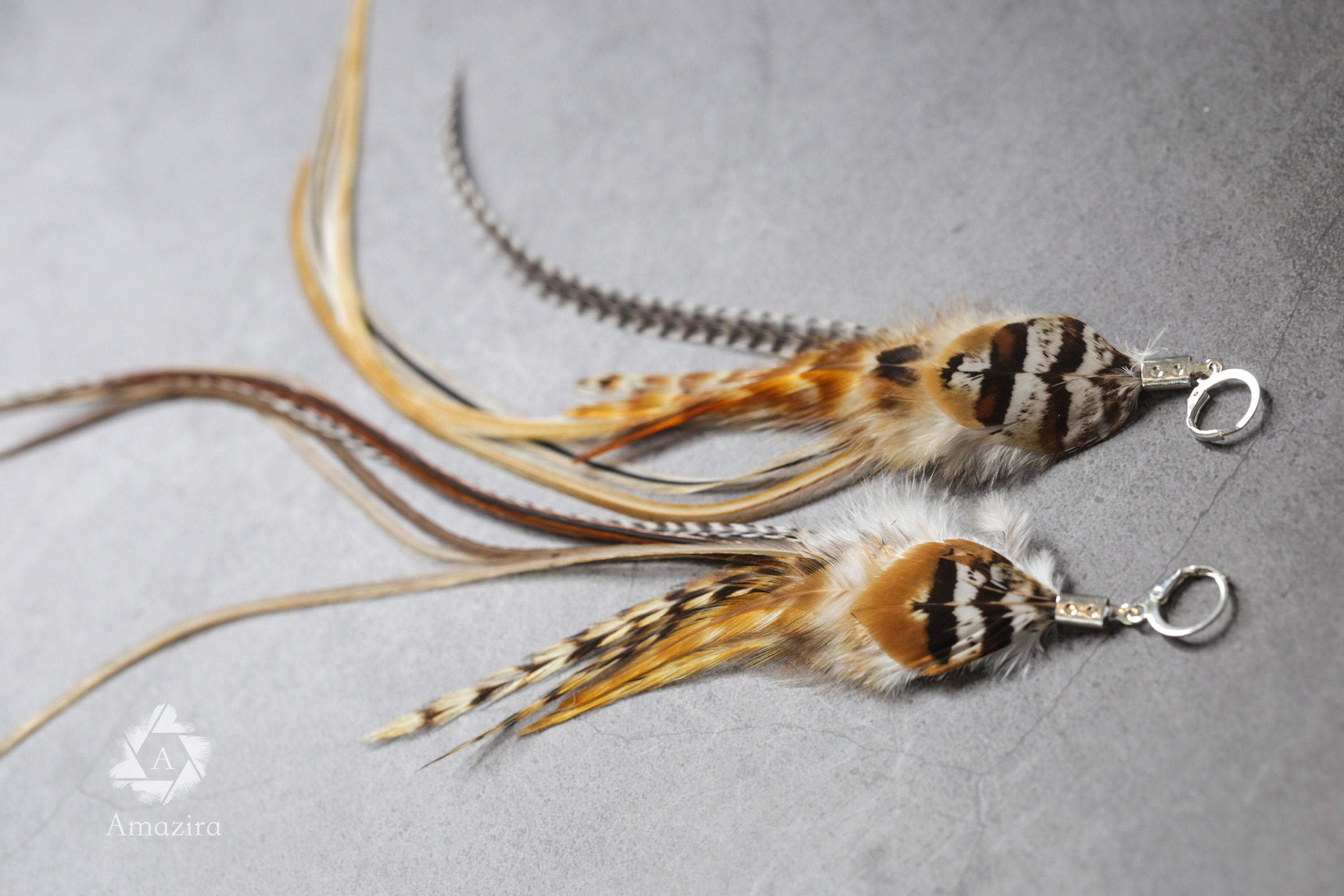 Extra long grizzly feathers earrings