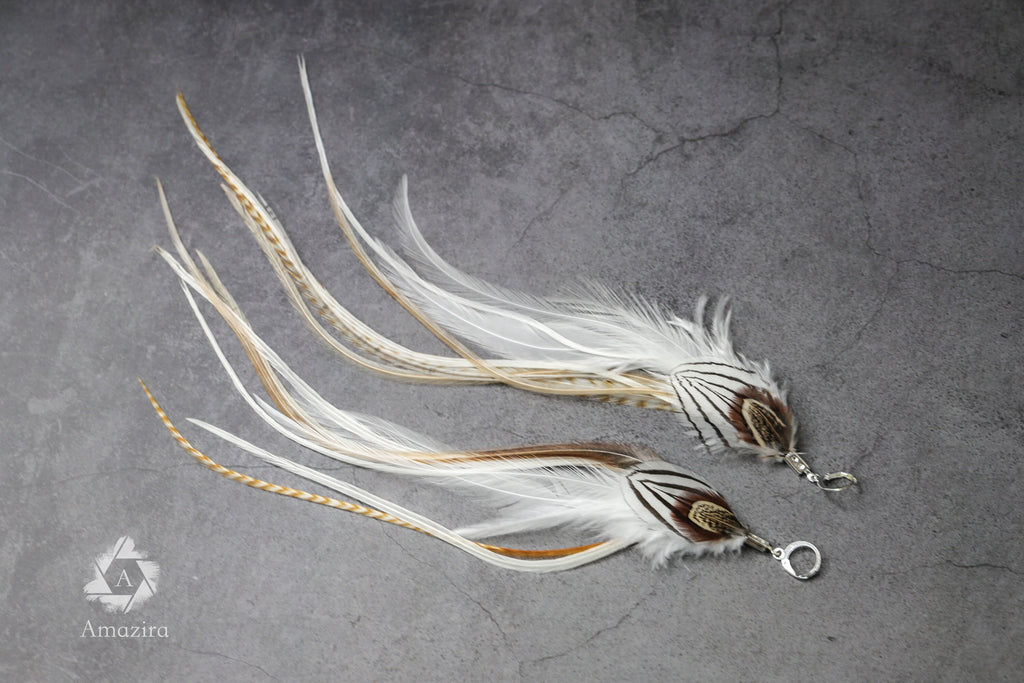 Extra long white feather grizzly earrings