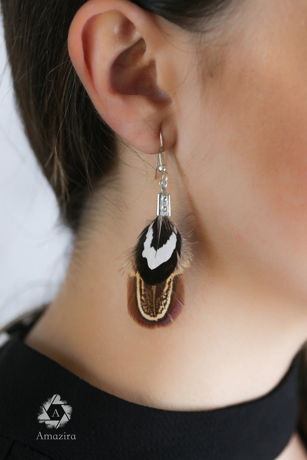 Simple black white & brown feather earrings