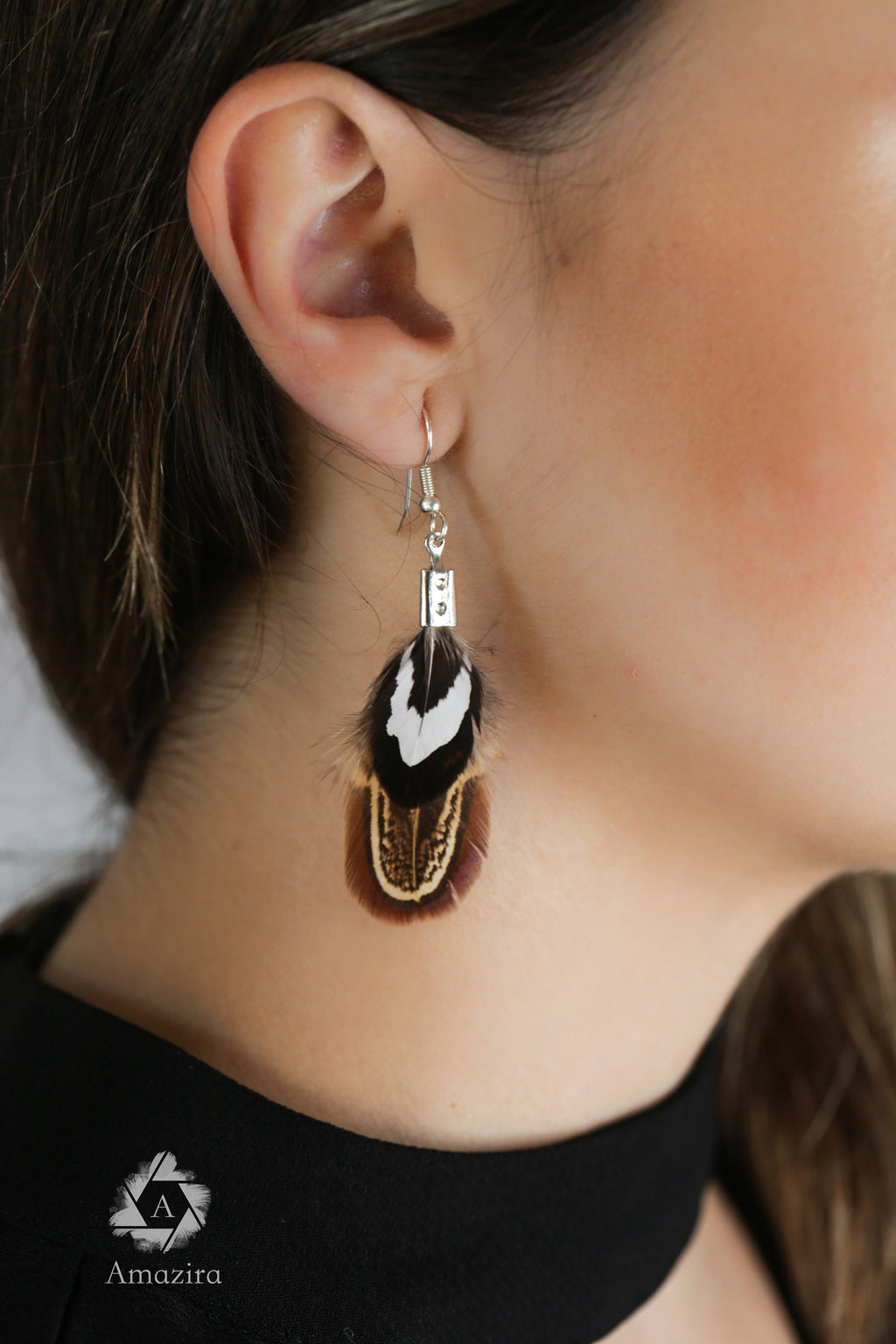 Simple black white & brown feather earrings