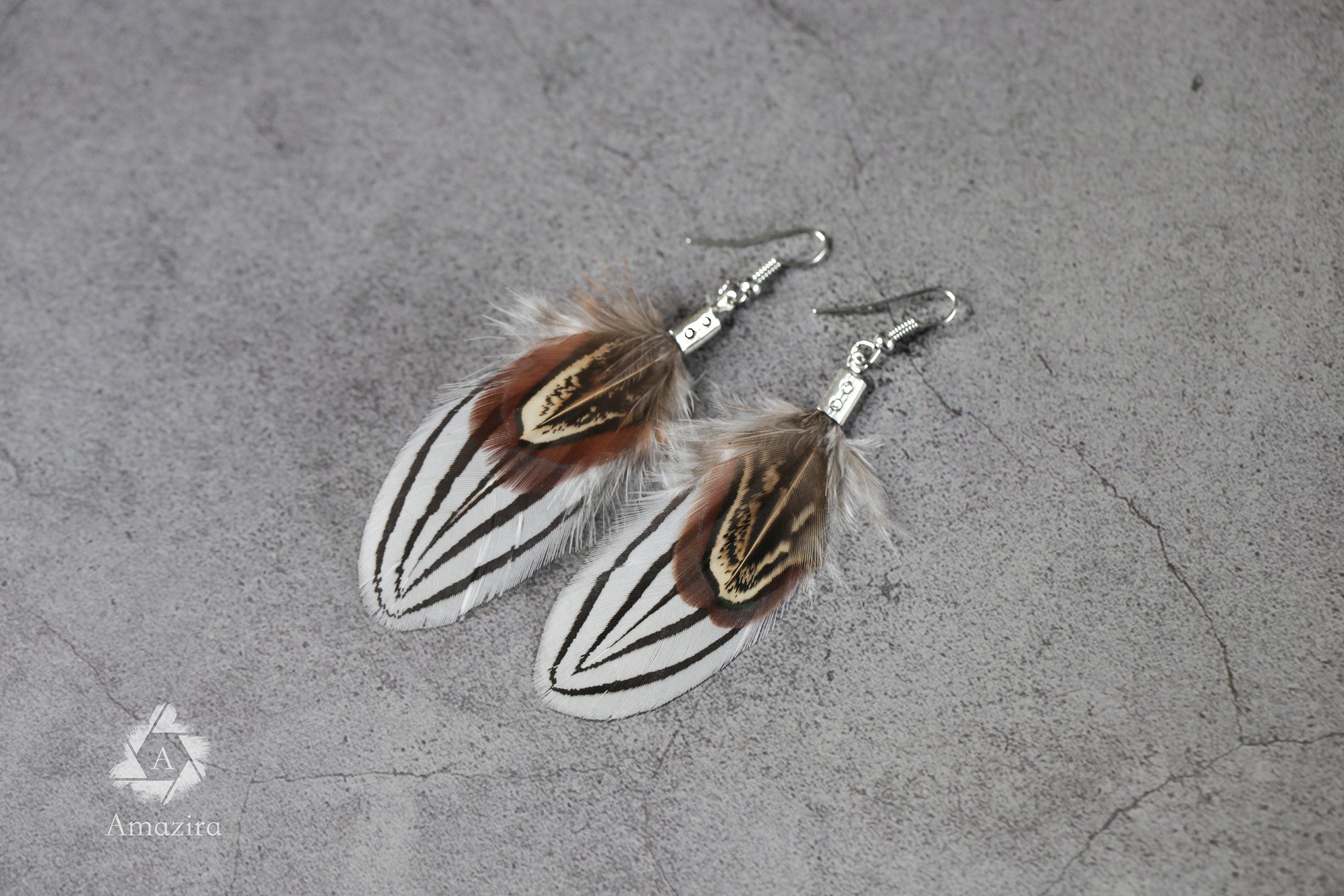 Circus black & white Striped Real Feather Earrings