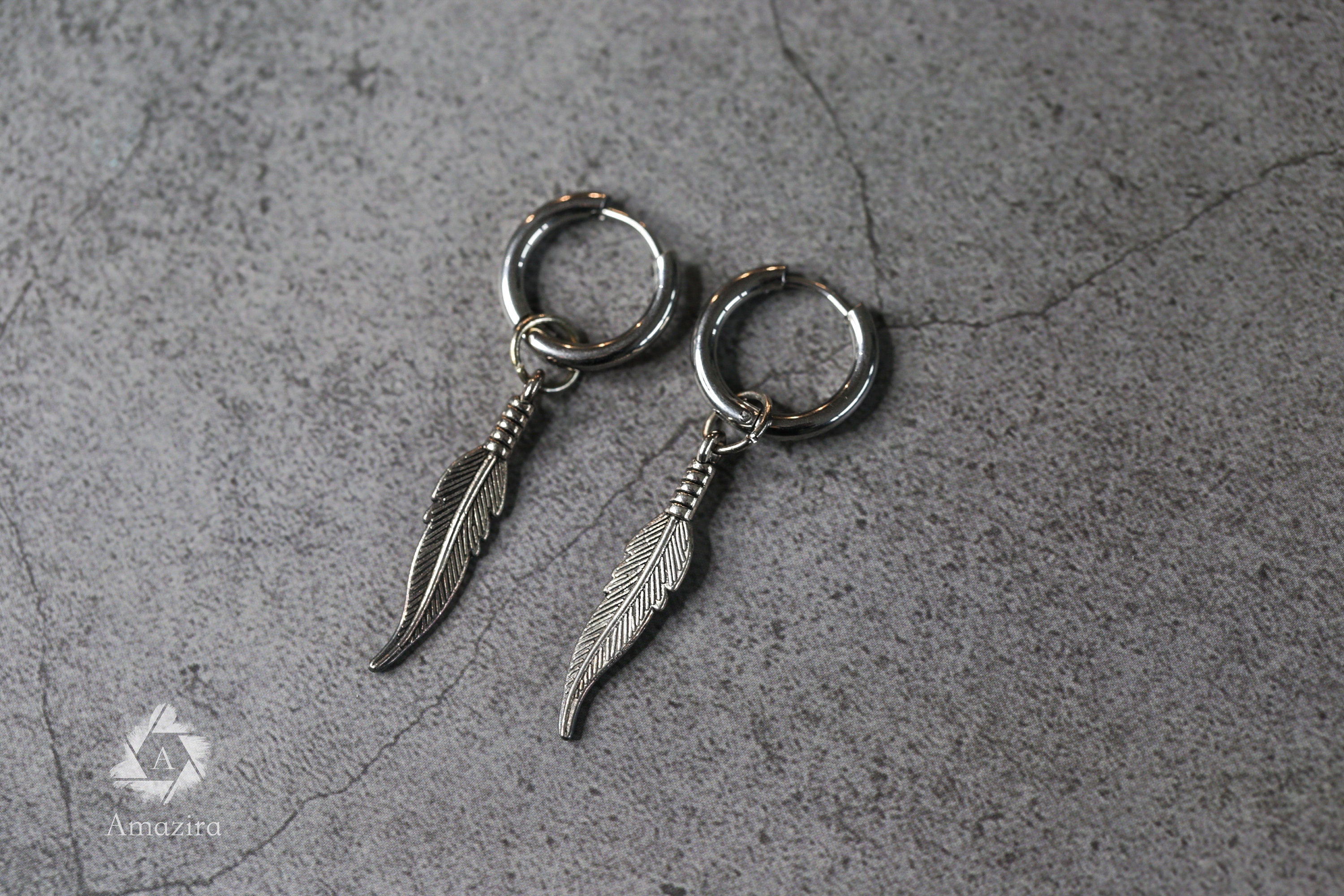 Small unisex delicate dangle stainless steel earrings, 2 in 1 Silver colour feather earrings, mens dangle earring, fun unique statement