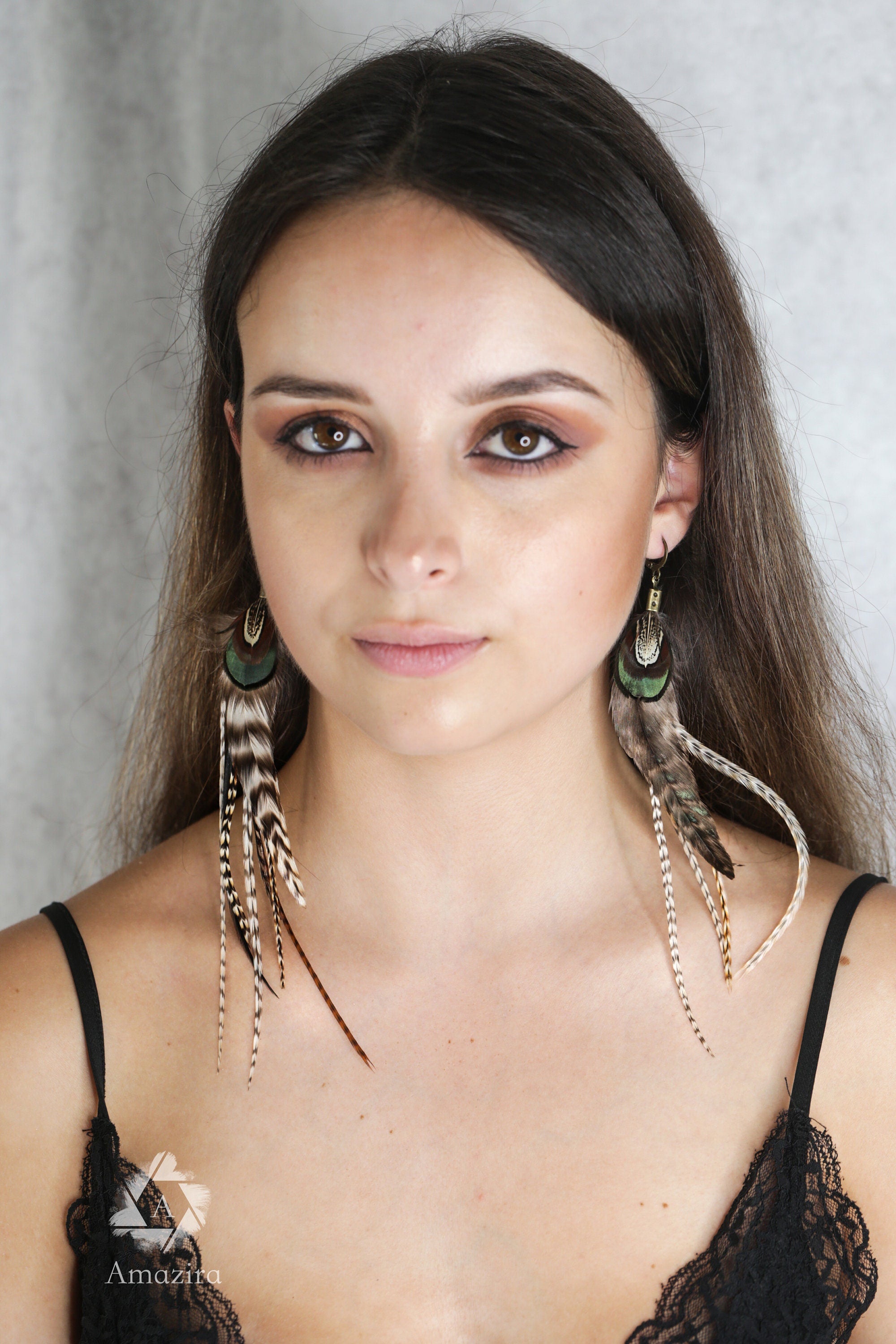 Natural Long Feather Earrings, Rooster Grizzly feathers, Bohemian hippie chic unique statement earrings, best friend gifts, gift for her mom