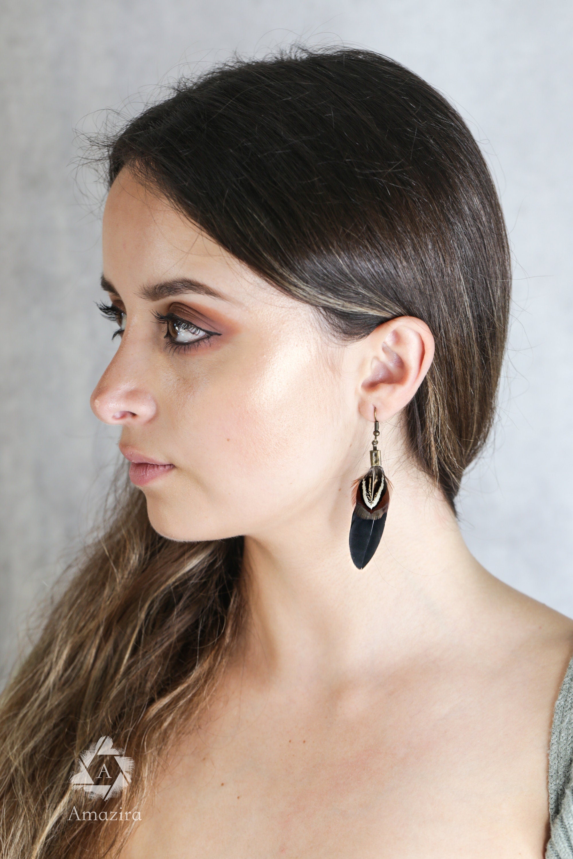 Small black & brown handmade drop feather earrings, Unique Boho chic hippie fun earrings, gift for her, natural feathers, small drop earring