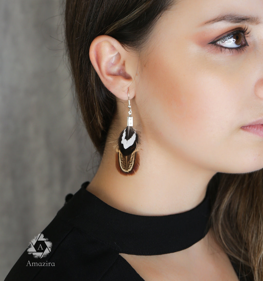Simple black white & brown feather earrings