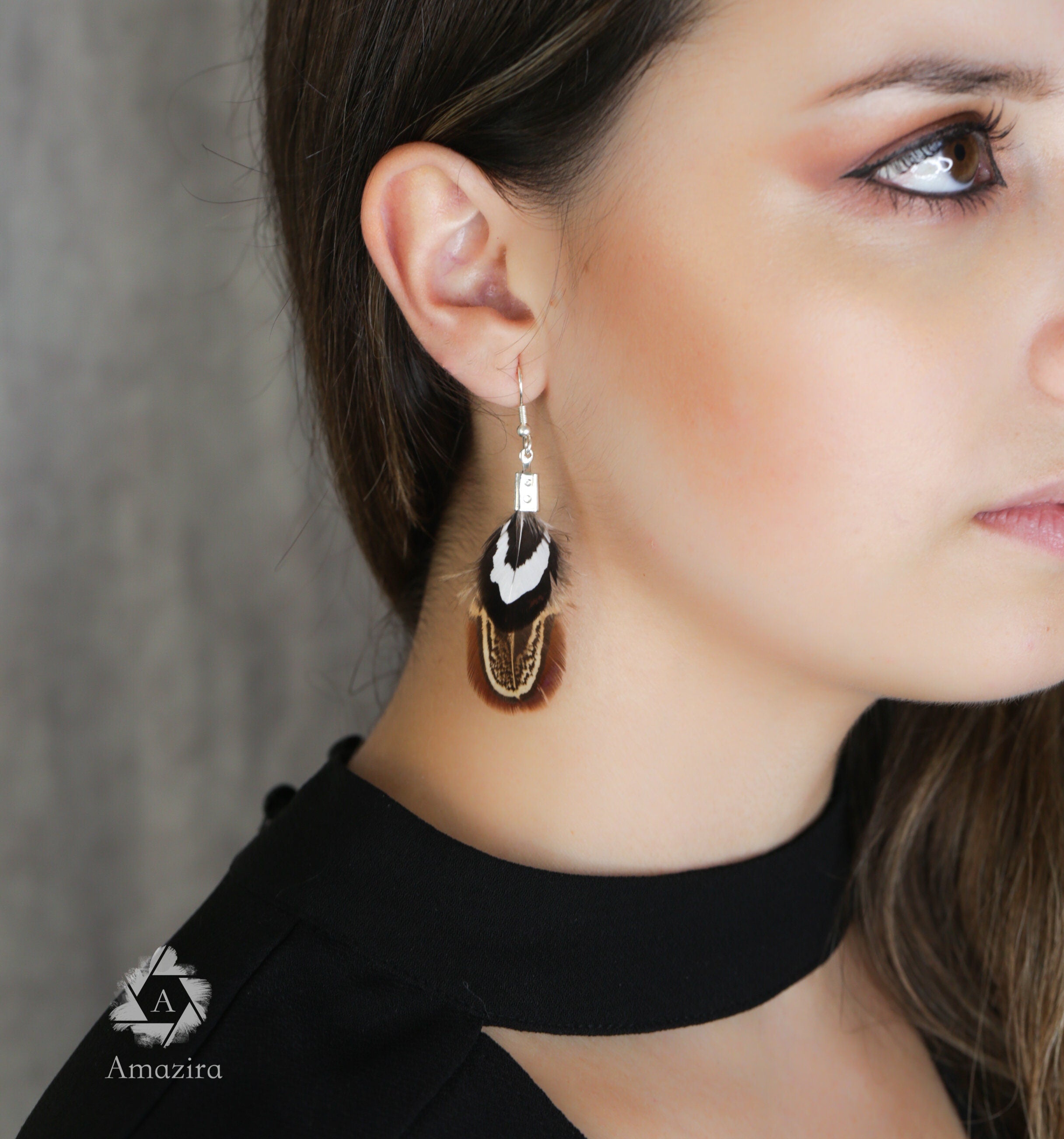 Simple black white & brown feather earrings