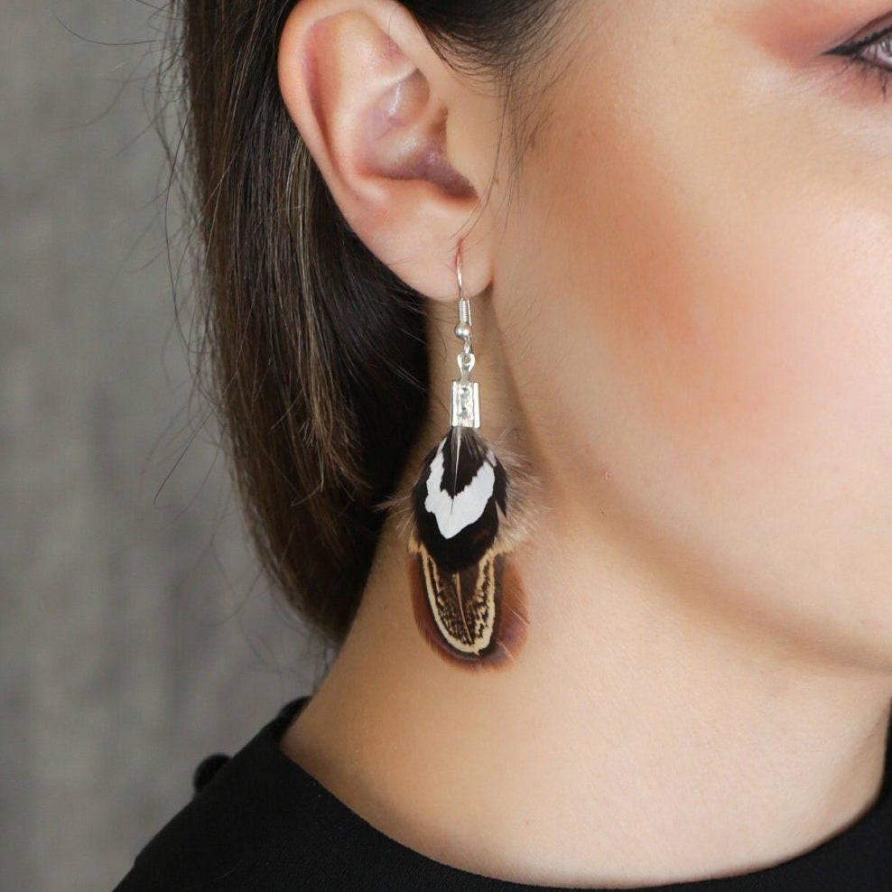 Simple black white & brown feather earrings