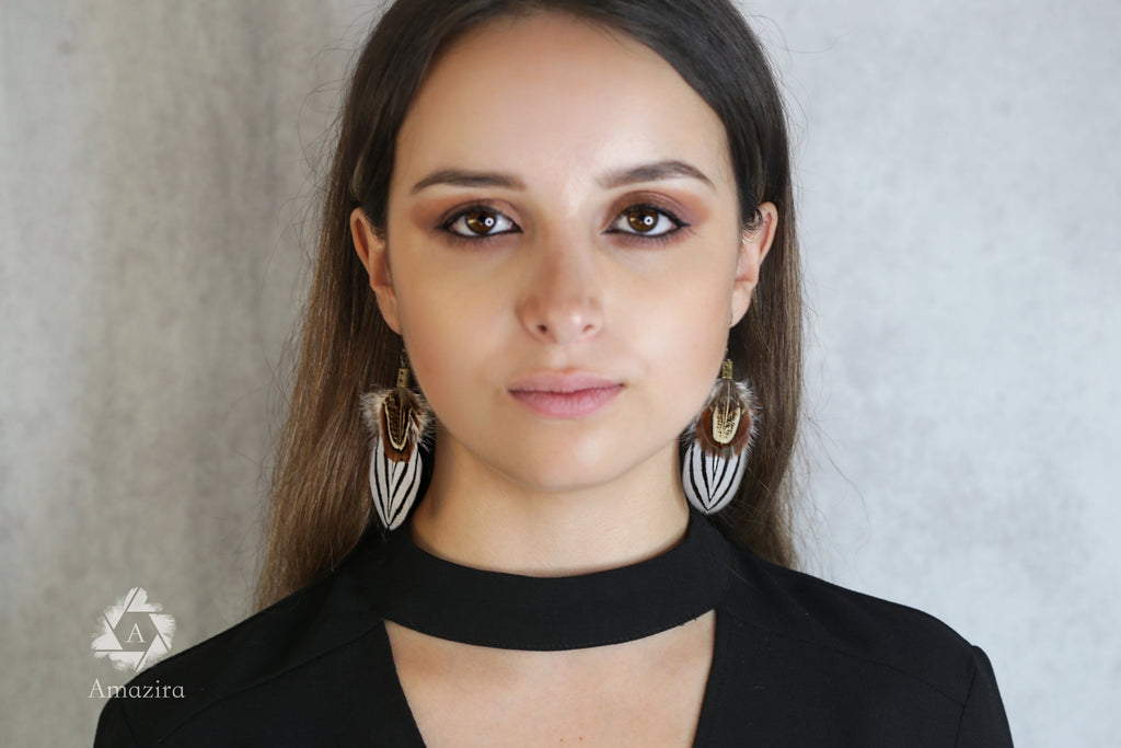 Circus black & white Striped Real Feather Earrings