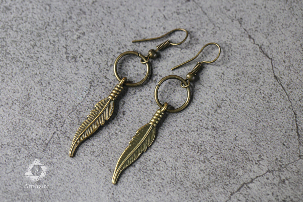 CLEARANCE LAST CHANCE! Unisex small delicate dangle silver and gold colour feather earrings, Stainless steel and brass boho earrings