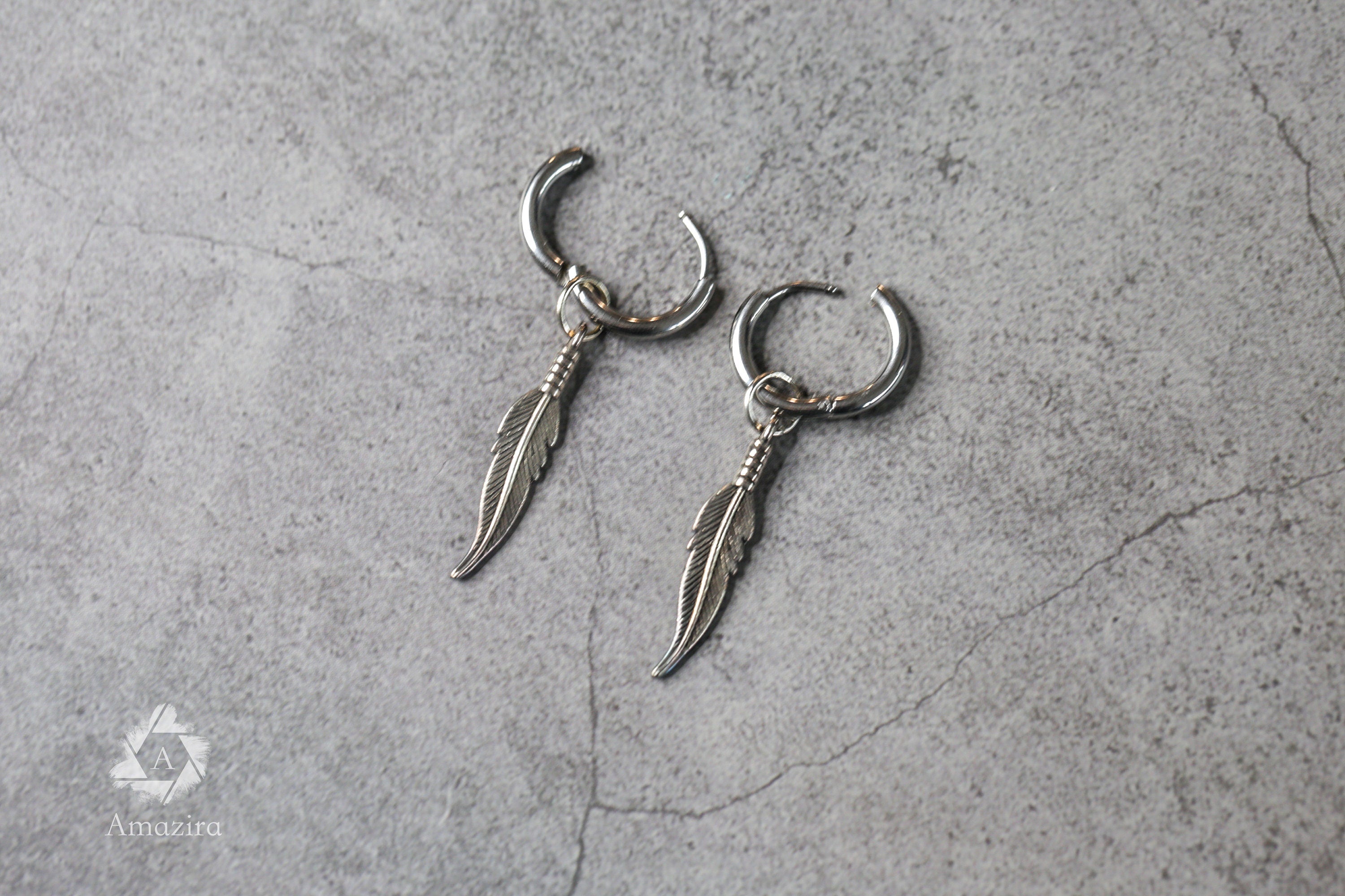 Small unisex delicate dangle stainless steel earrings, 2 in 1 Silver colour feather earrings, mens dangle earring, fun unique statement