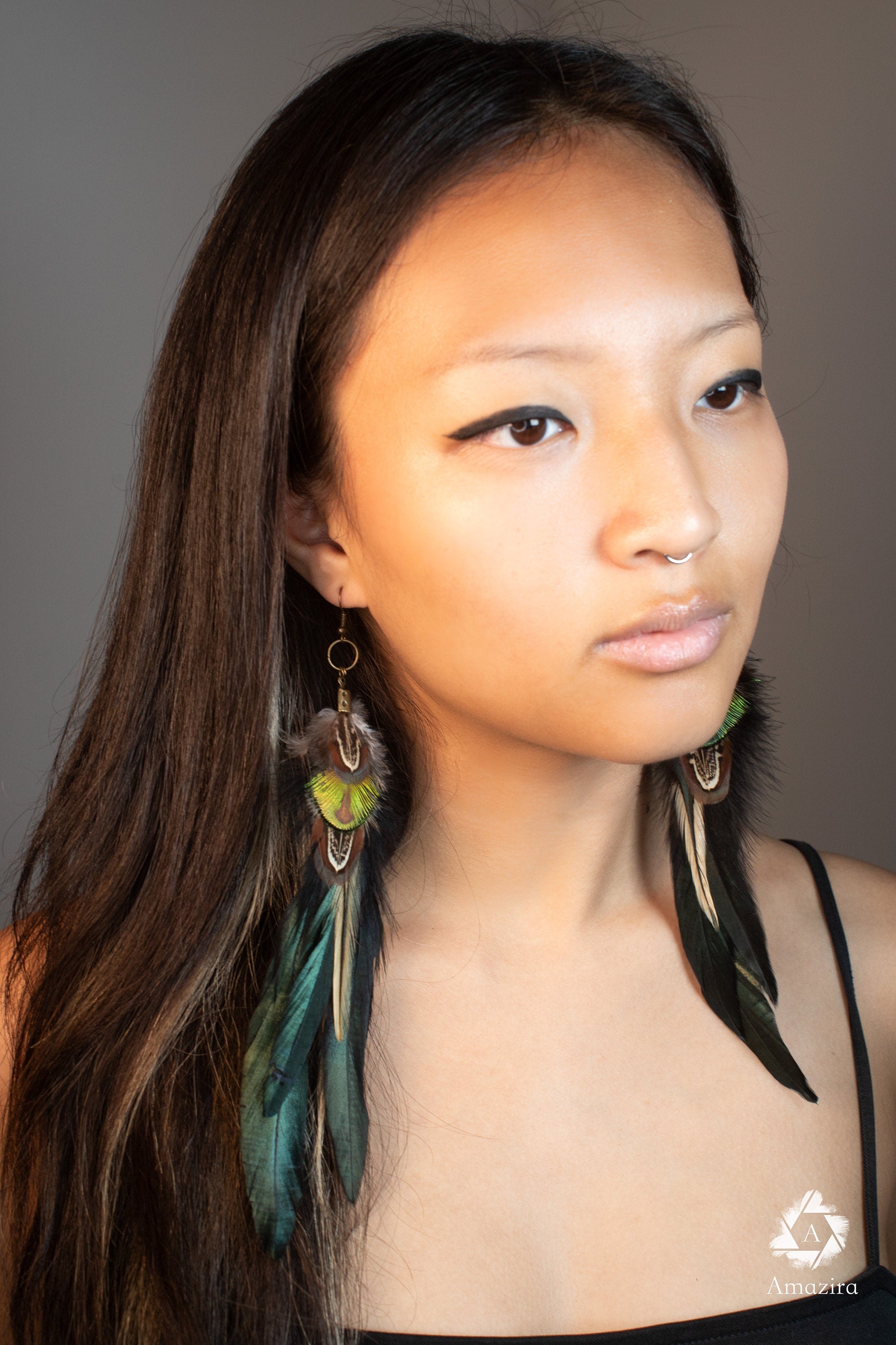 Long earrings, Black & green iridescent boho feather earring, Natural bird feathers, Handmade Summer earrings, Long Drop festival jewellery