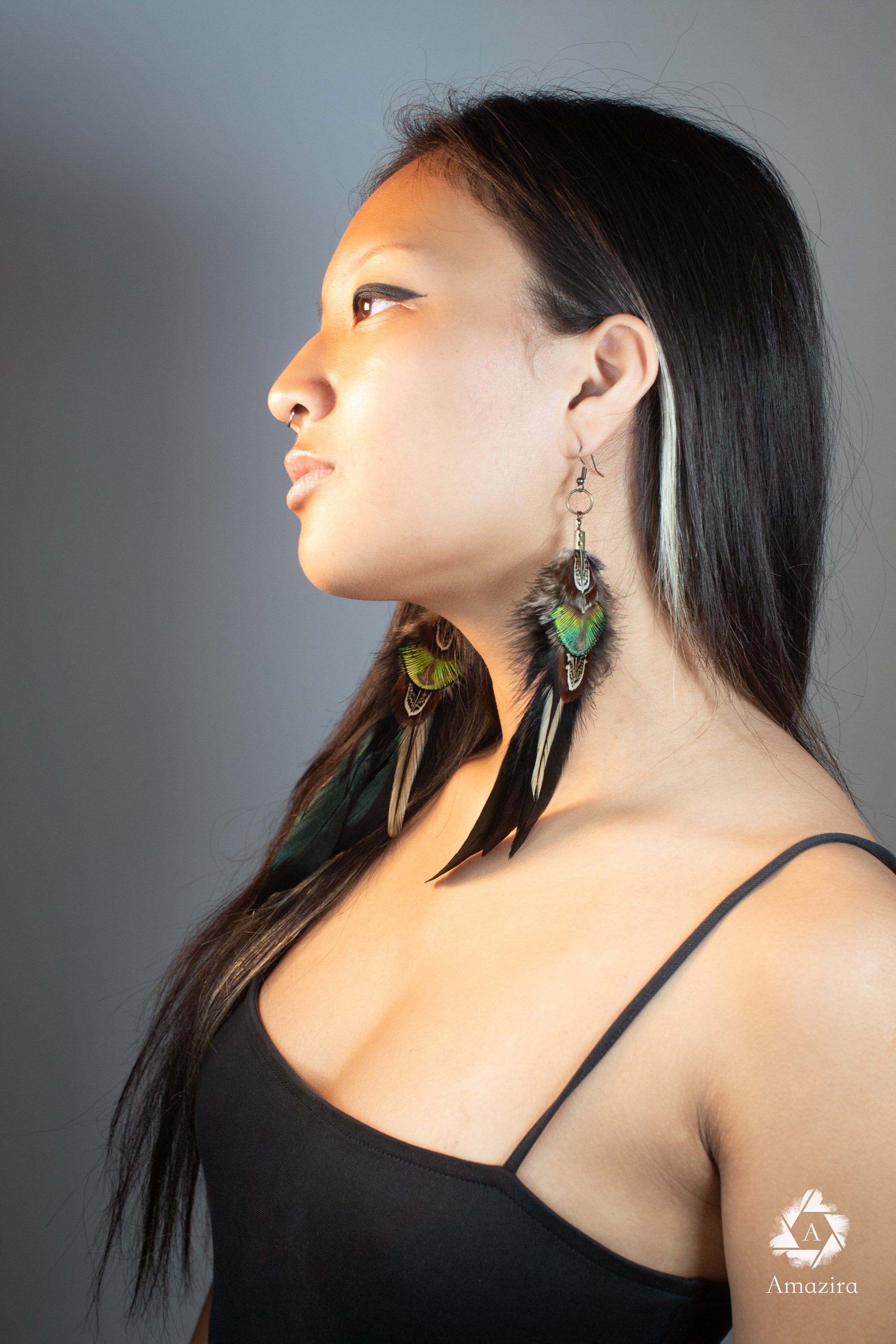 Long earrings, Black & green iridescent boho feather earring, Natural bird feathers, Handmade Summer earrings, Long Drop festival jewellery