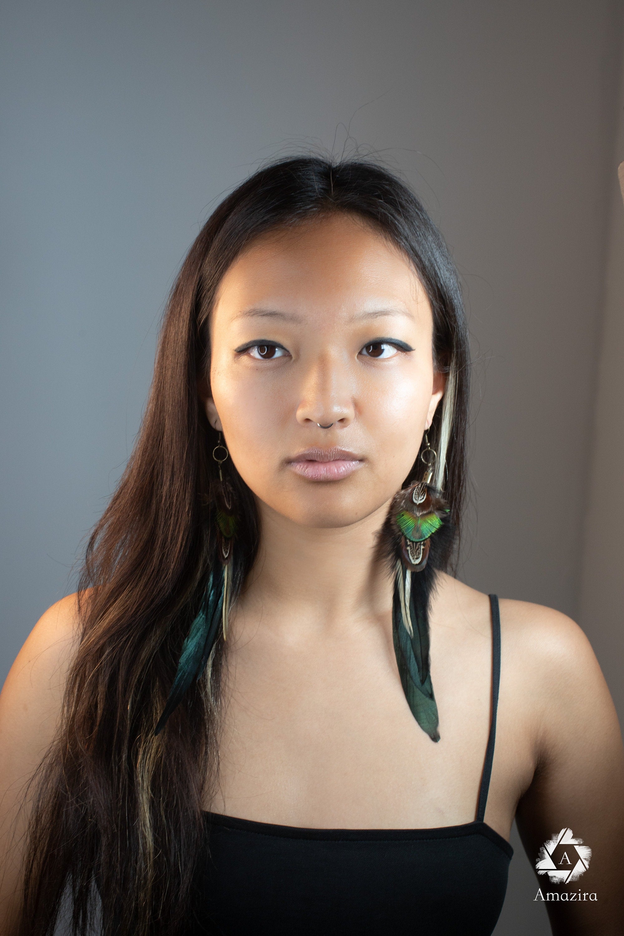 Long earrings, Black & green iridescent boho feather earring, Natural bird feathers, Handmade Summer earrings, Long Drop festival jewellery