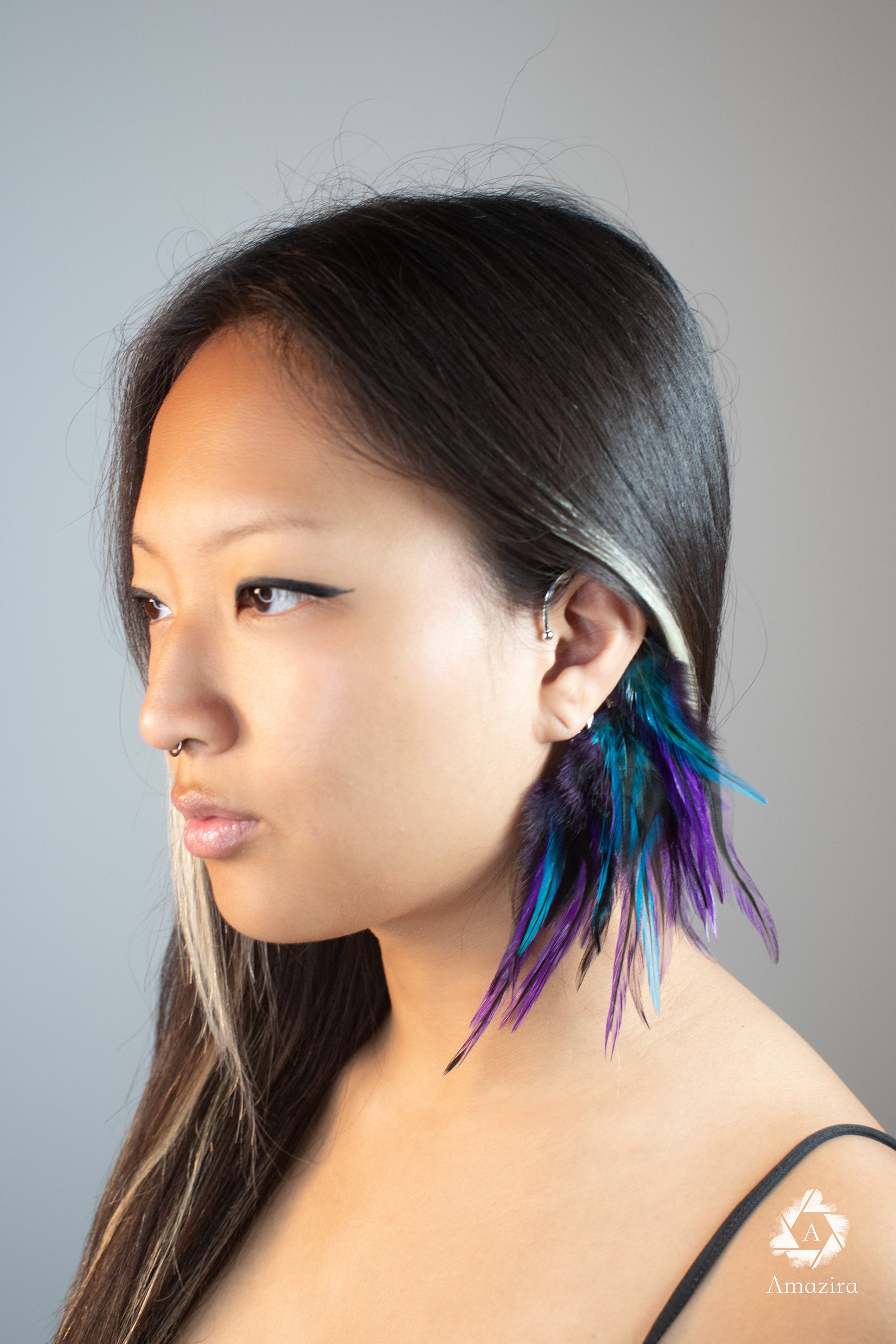 Purple blue feather Ear Wrap