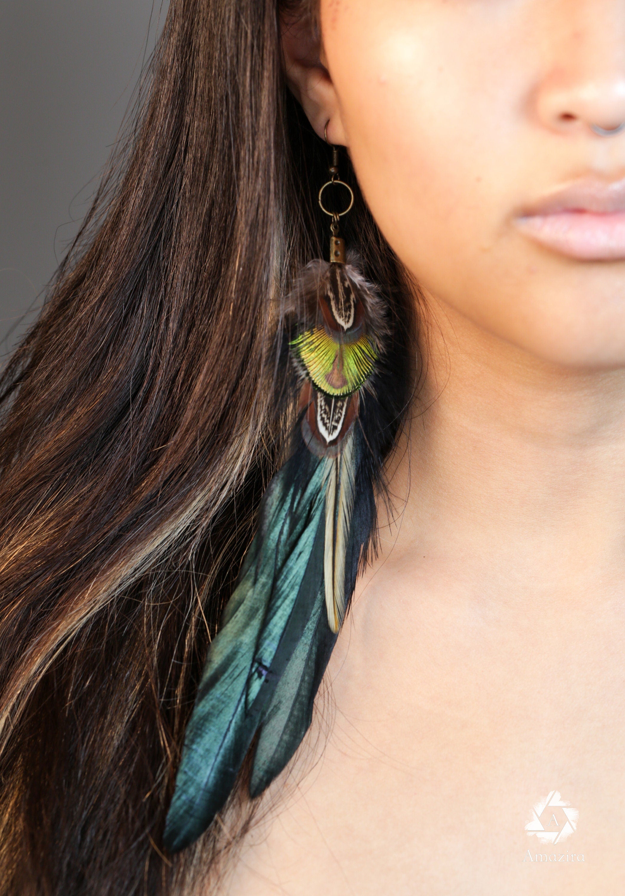Long earrings, Black & green iridescent boho feather earring, Natural bird feathers, Handmade Summer earrings, Long Drop festival jewellery