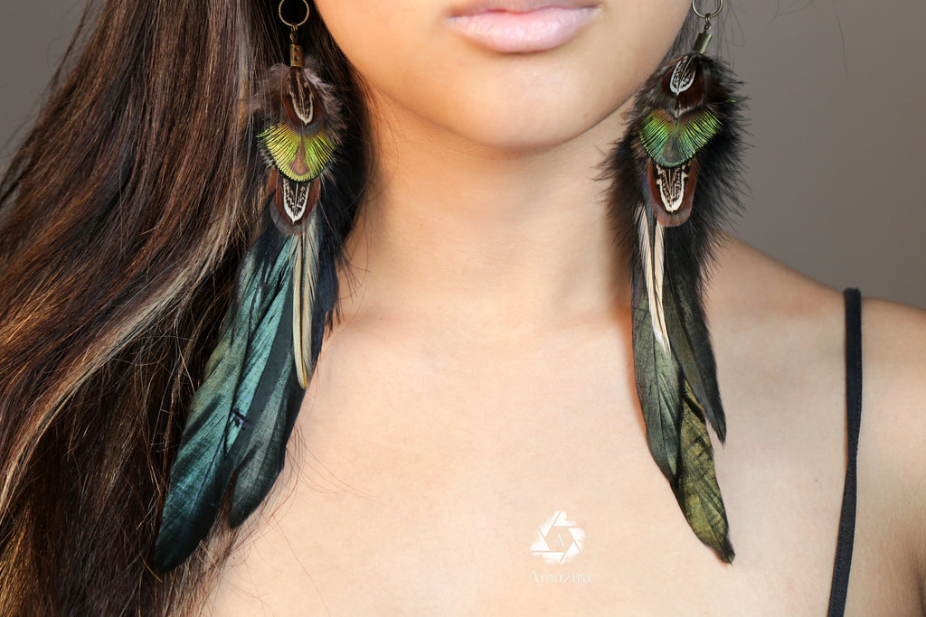 Long earrings, Black & green iridescent boho feather earring, Natural bird feathers, Handmade Summer earrings, Long Drop festival jewellery
