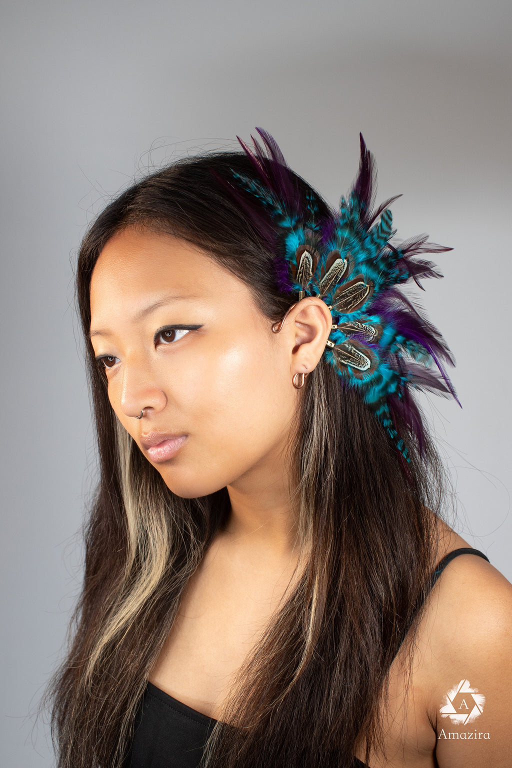 Purple and blue Natural Feather Ear cuff