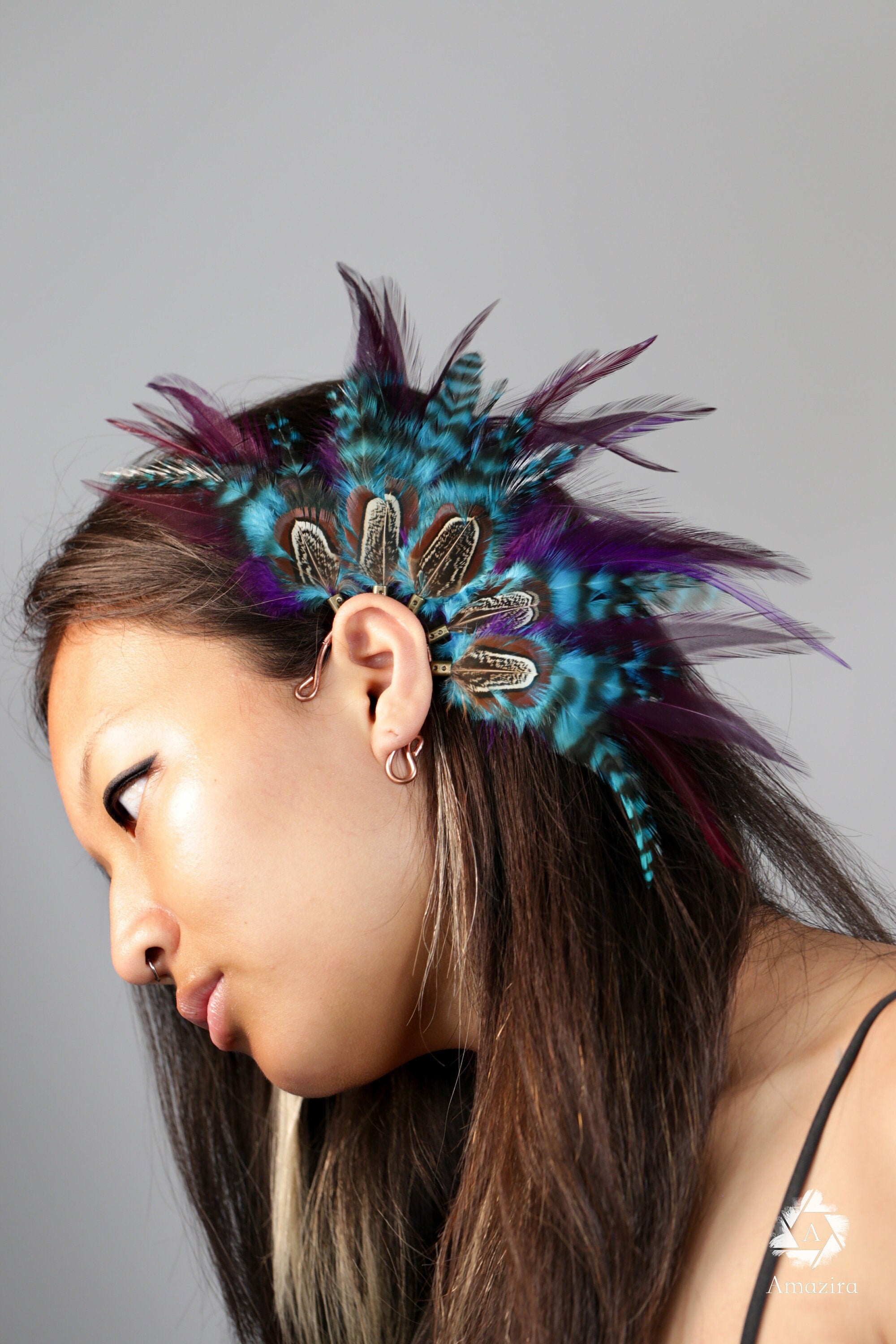 Purple and blue Natural Feather Ear cuff