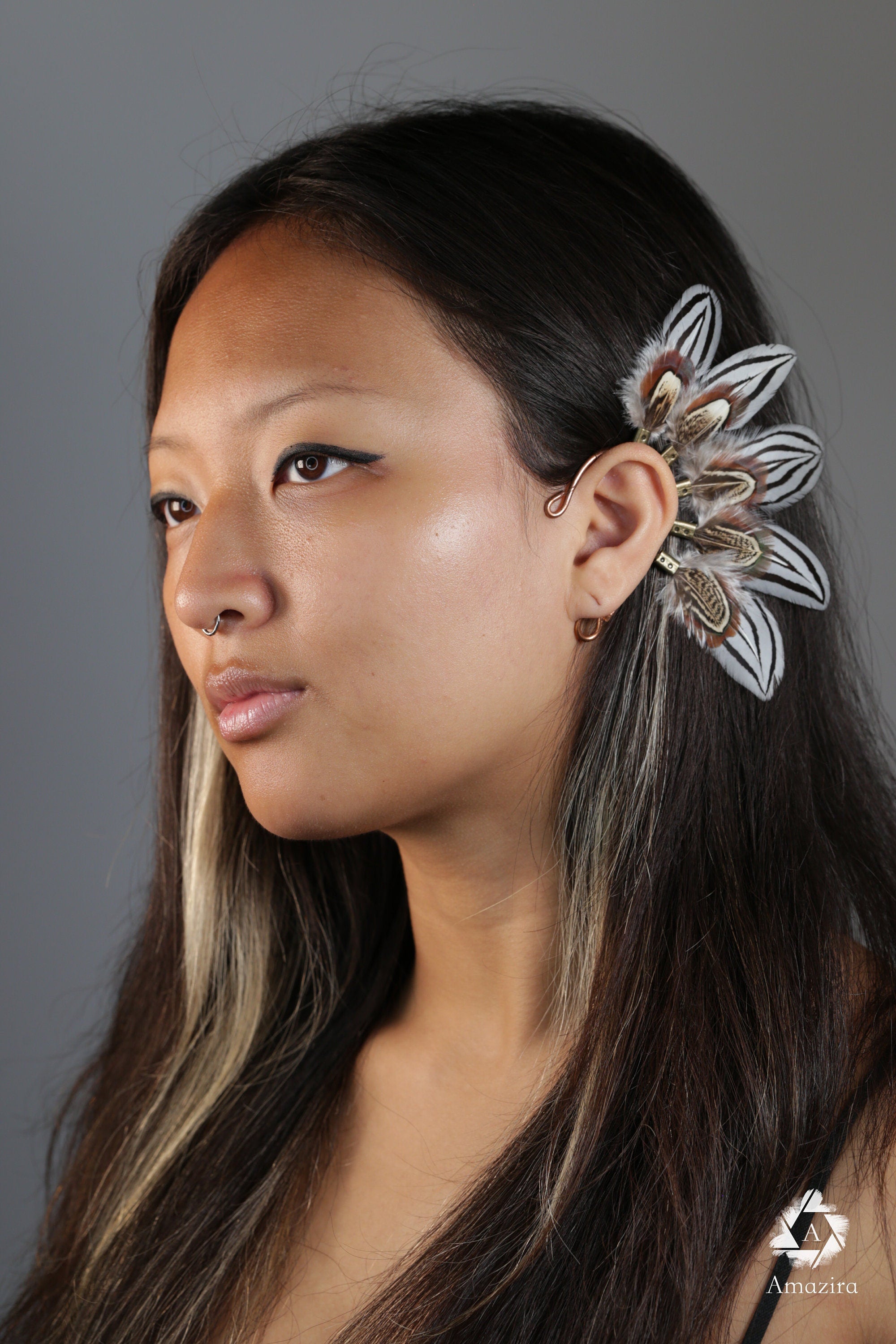 White zebra Feather ear wrap