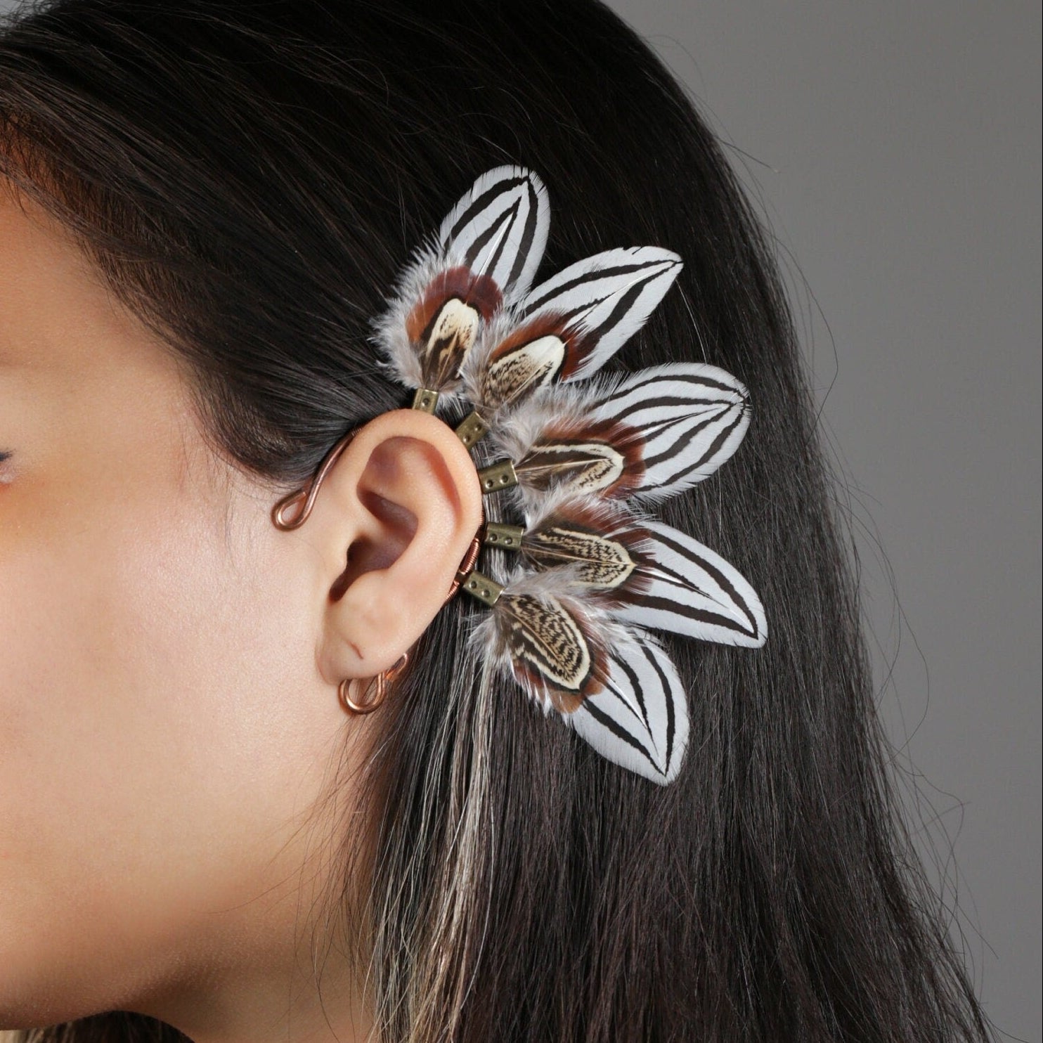 White zebra Feather ear wrap