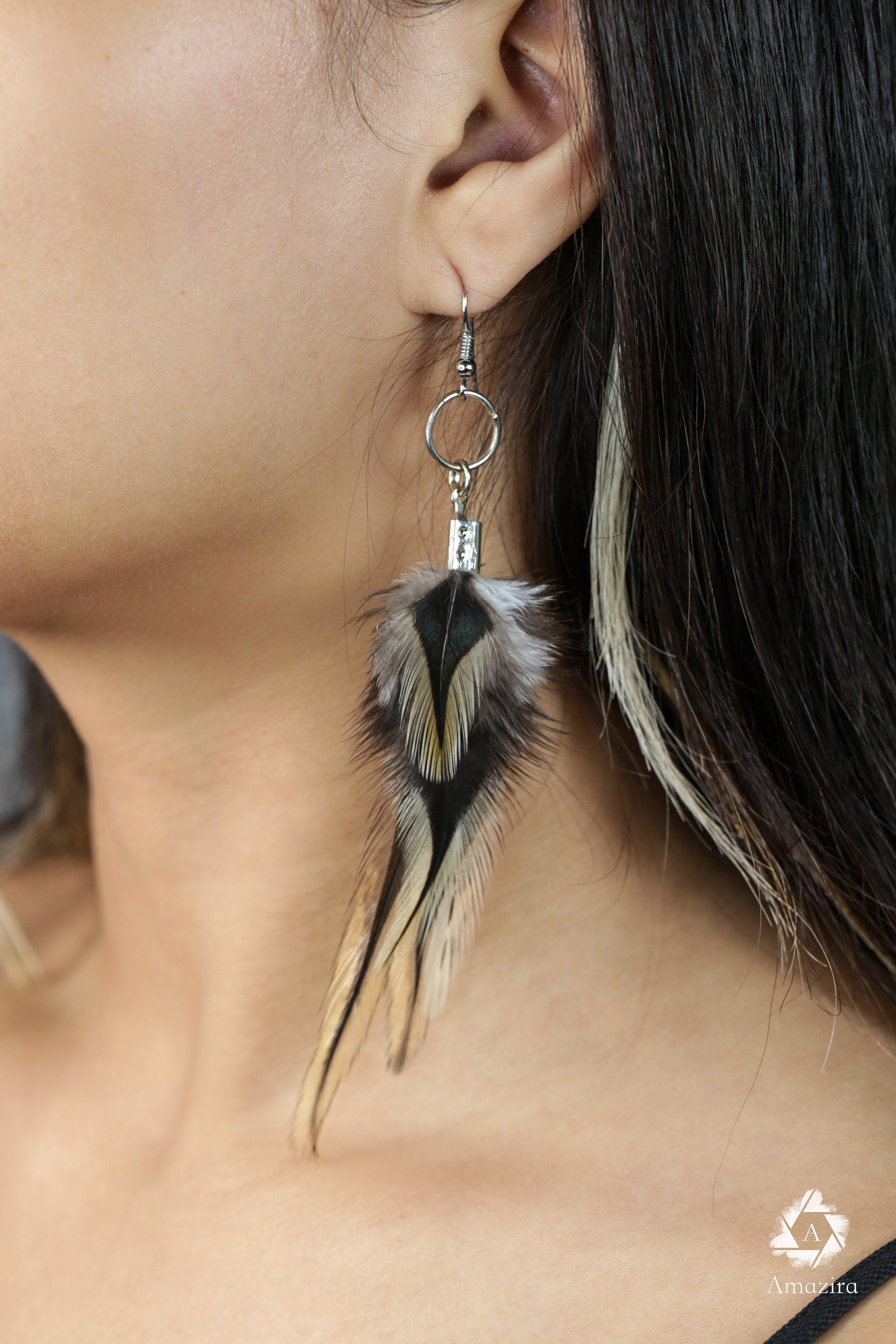 Golden black natural Feather Earring