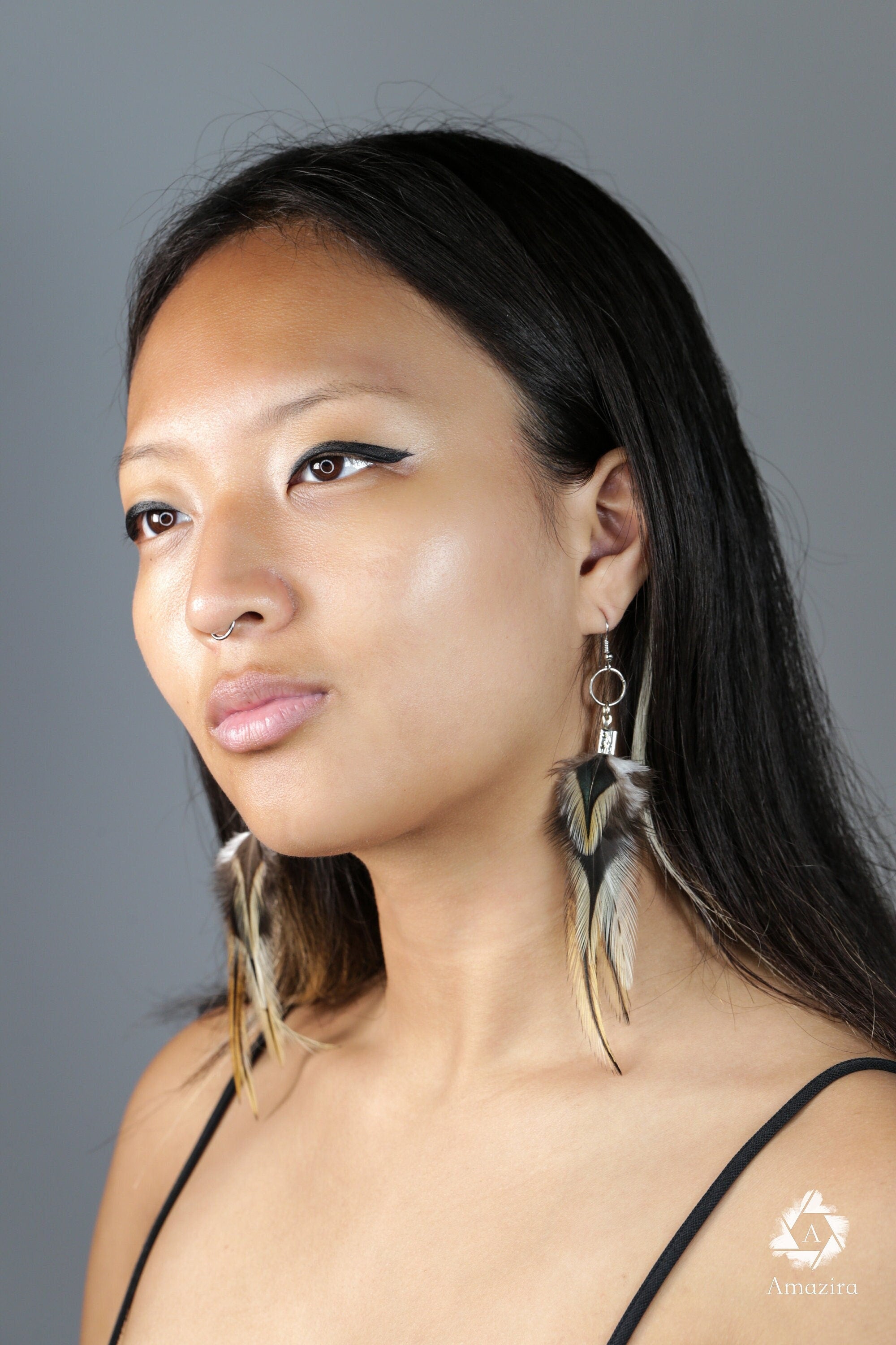 Golden black natural Feather Earring