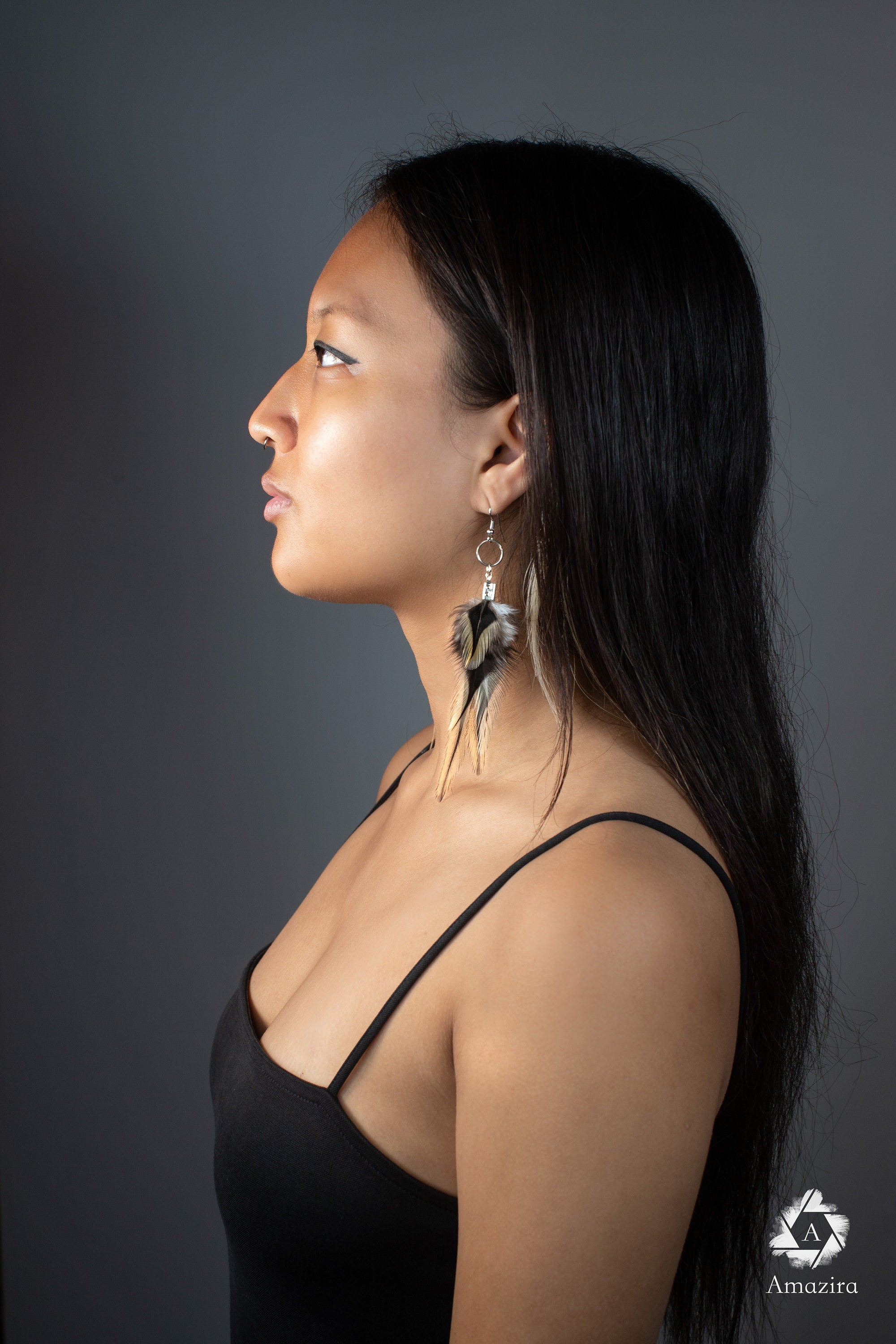 Golden black natural Feather Earring