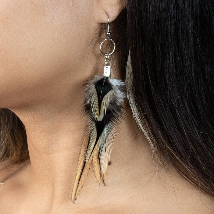 Golden black natural Feather Earring