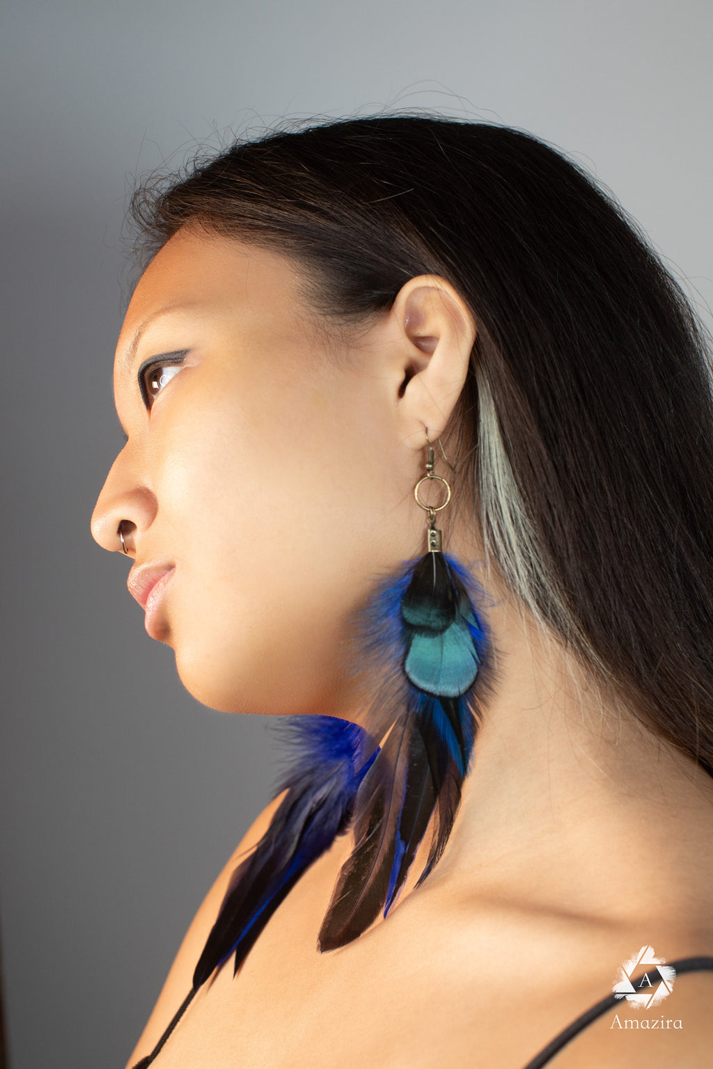 Long blue unique feather earrings