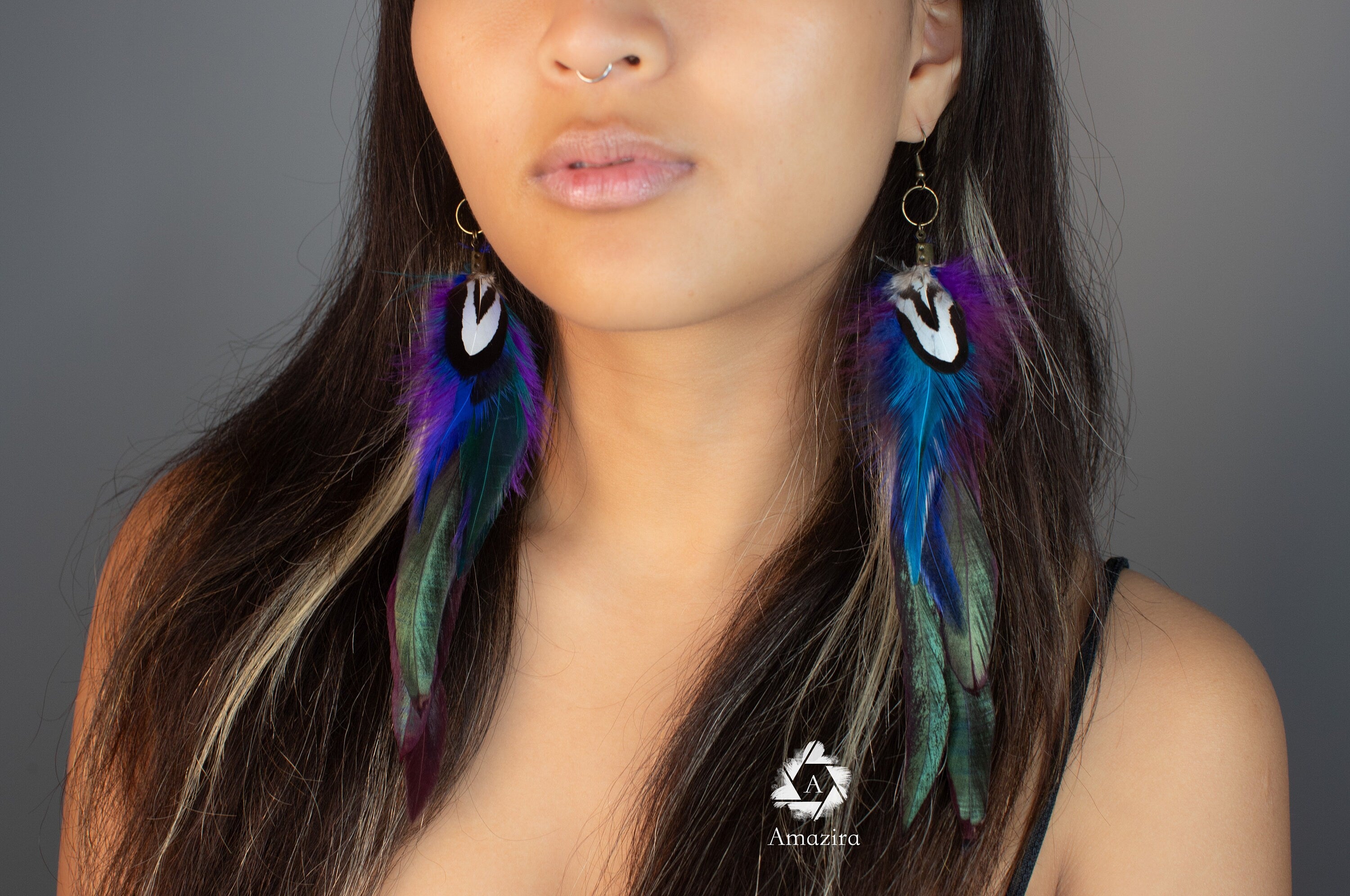 Long purple & blue feather earrings