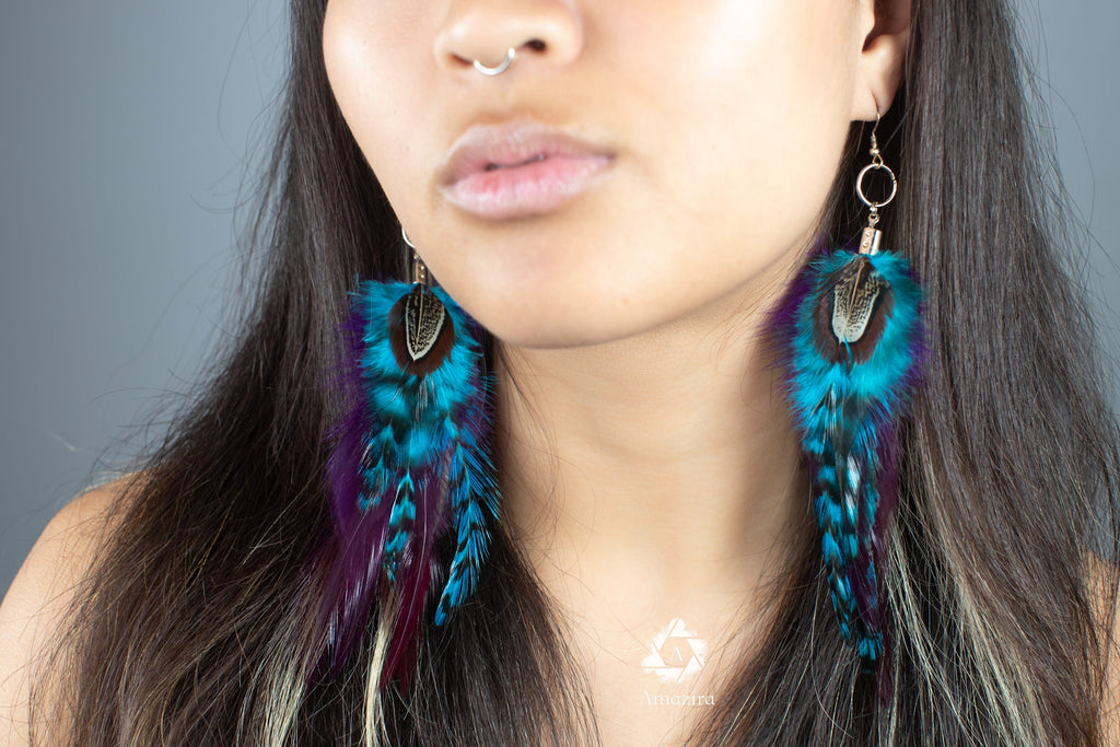 Blue and purple stripped fluffy feather earrings