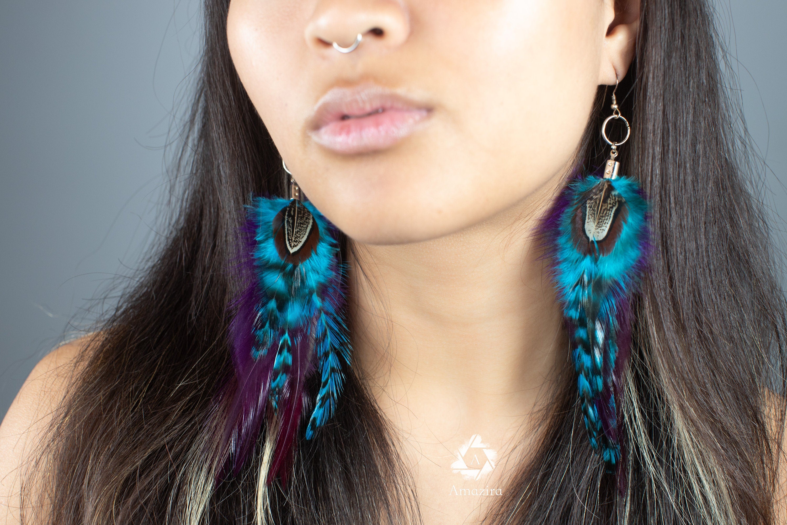 Blue and purple stripped fluffy feather earrings
