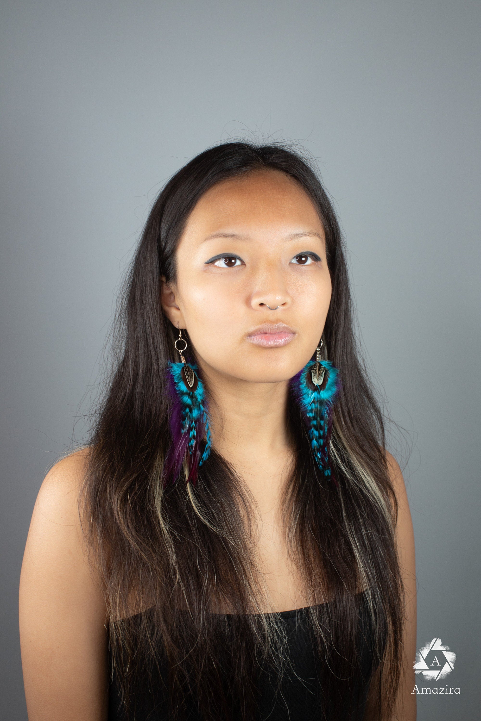 Blue and purple stripped fluffy feather earrings