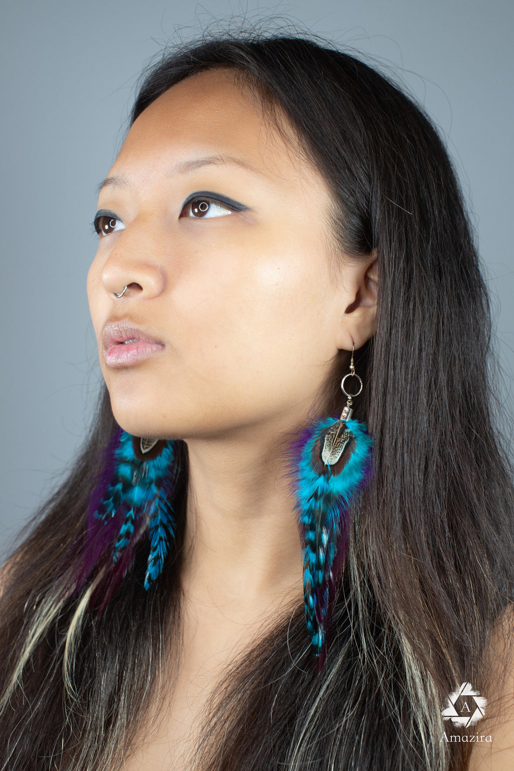 Blue and purple stripped fluffy feather earrings