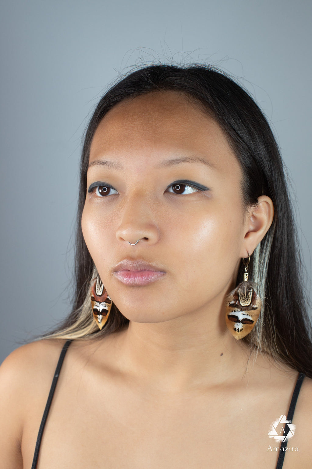 Mini stripped handmade feather earrings