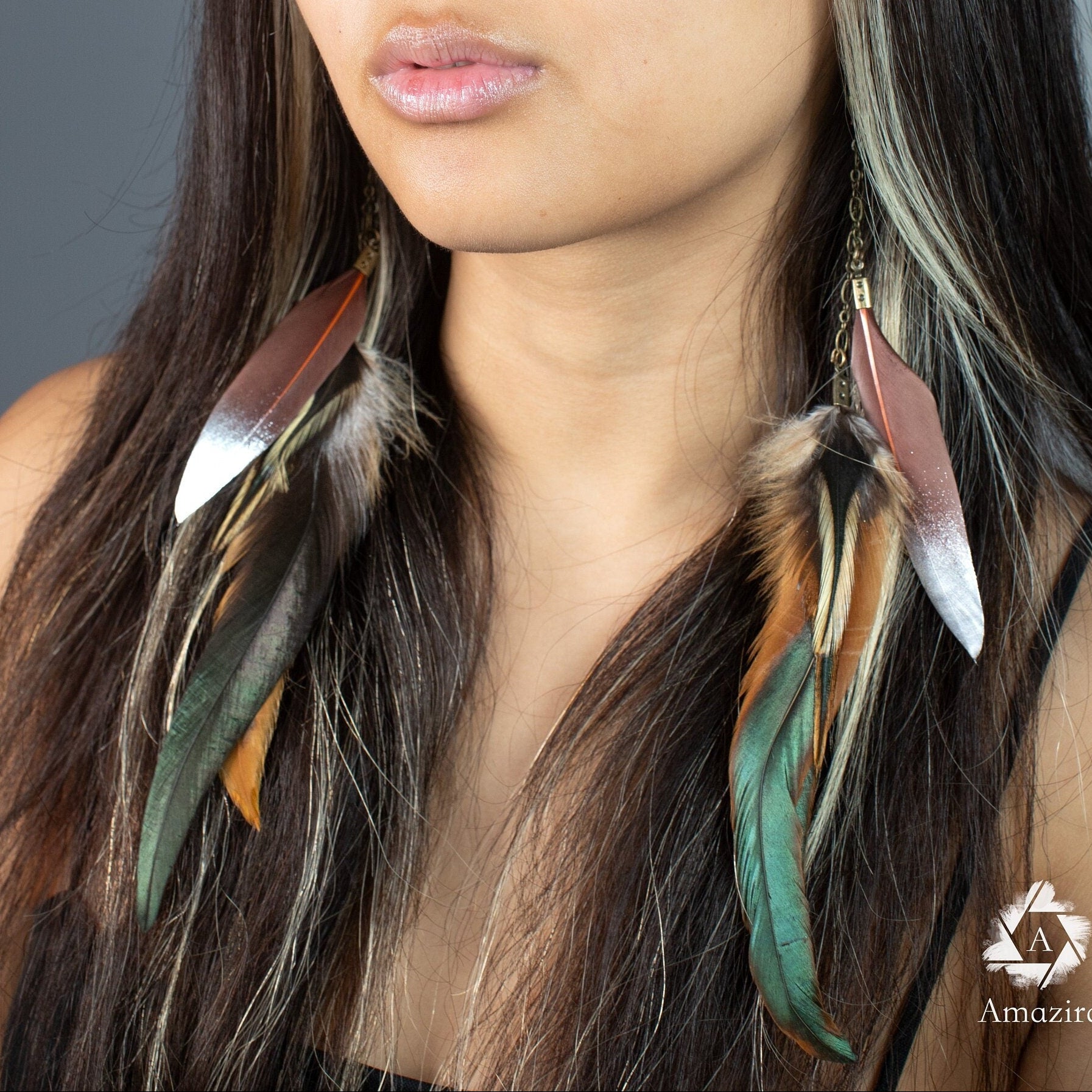Extra long dangle natural feather earrings